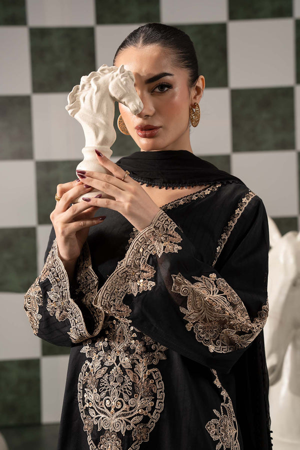 3 Piece Embroidered Dobby Lawn Suit | DW-EF26-20-BLACK