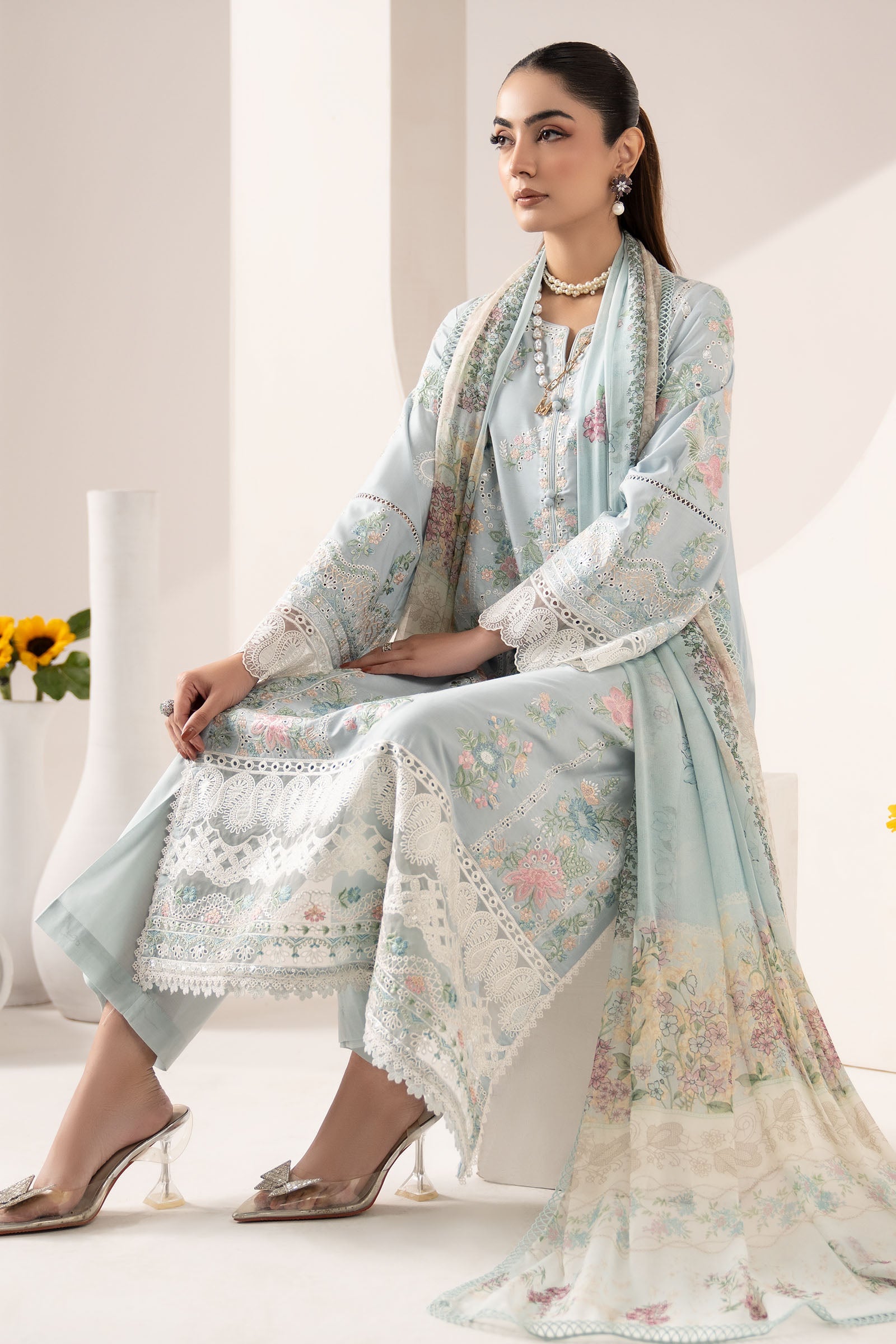3 Piece Embroidered Paper Silk Suit