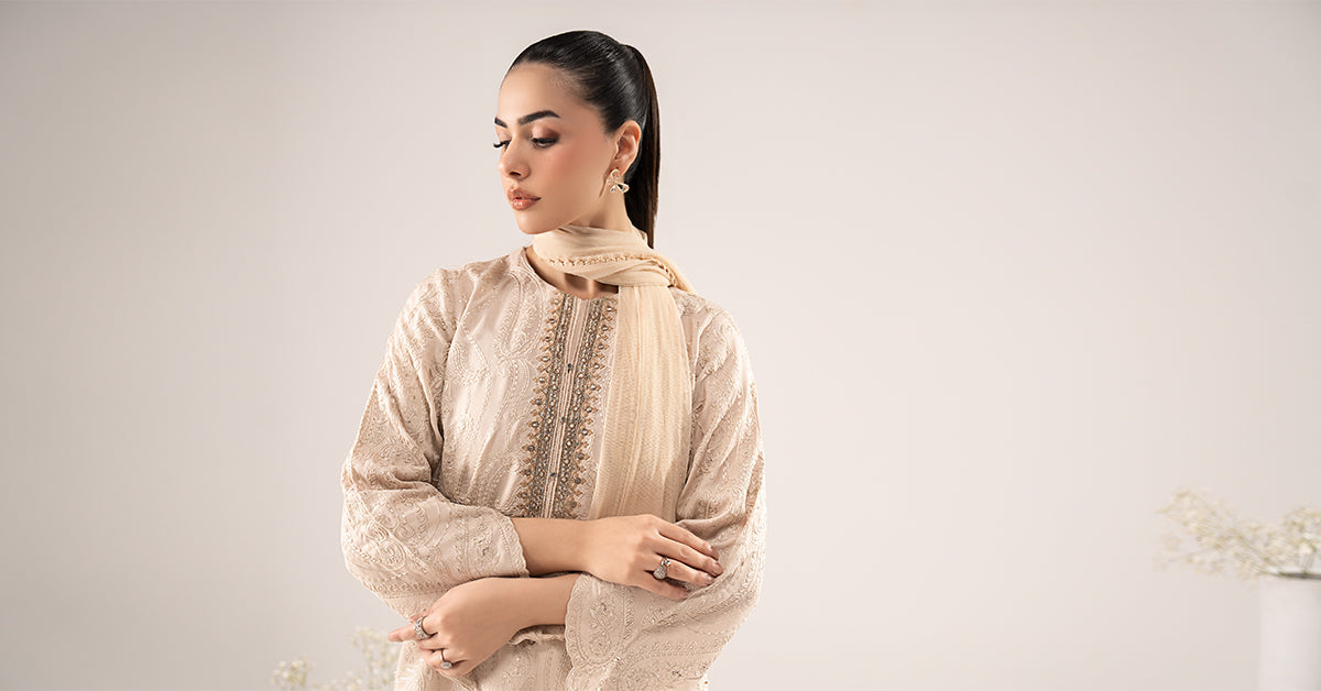 3 Piece Embroidered Raw Silk Suit