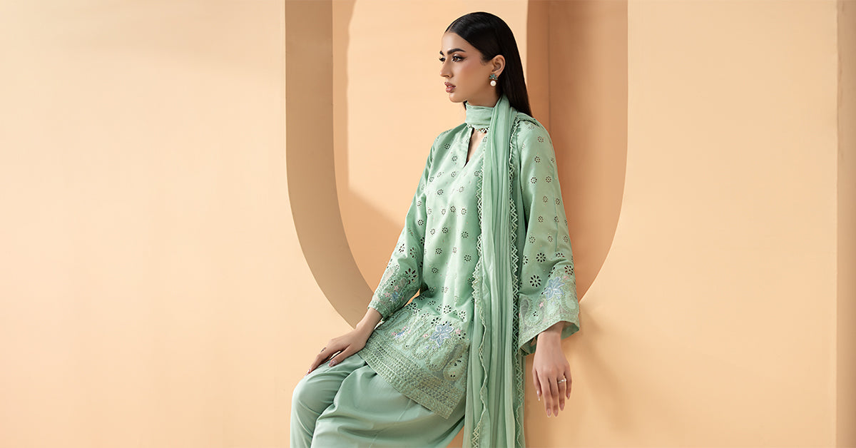 3 Piece Embroidered Pk Raw Silk Suit
