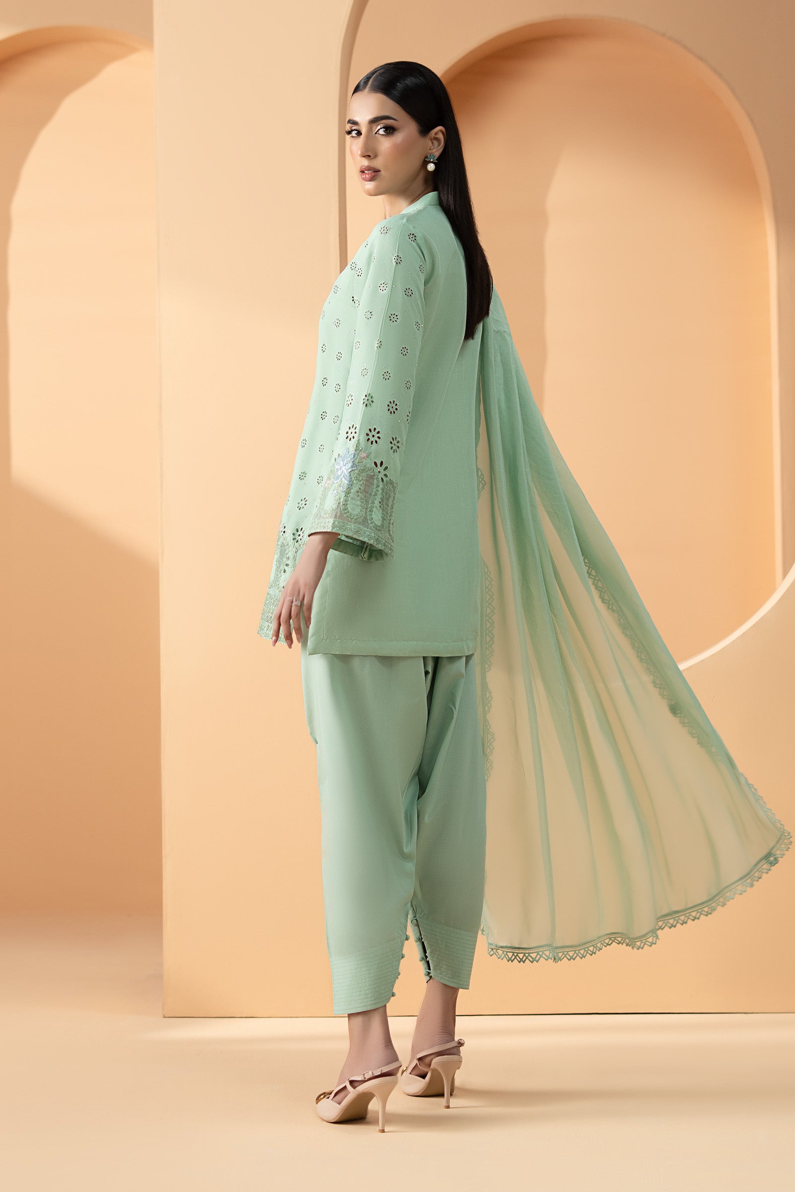 3 Piece Embroidered Pk Raw Silk Suit