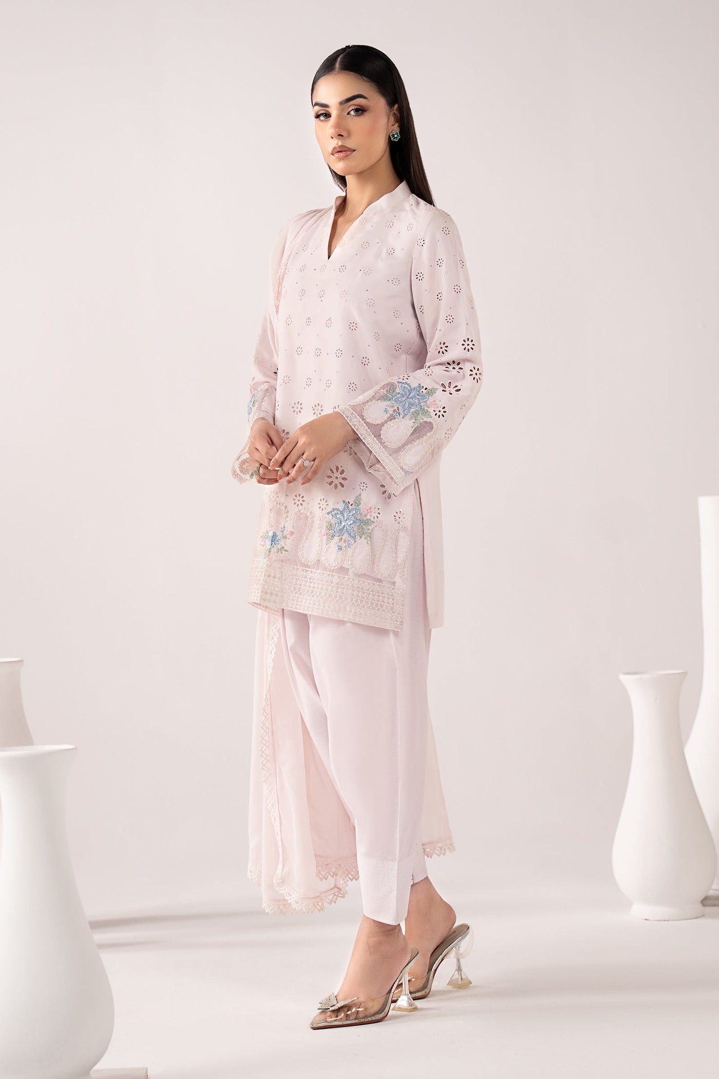 3 Piece Embroidered Pk Raw Silk Suit