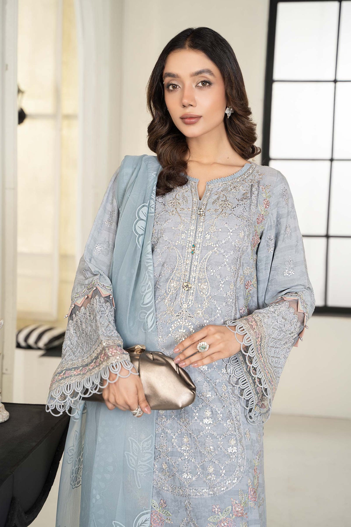 3 Piece Embroidered Self Jacquard Suit