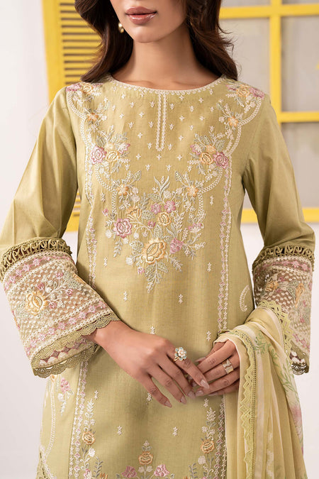 3 Piece Embroidered Dobby Lawn Suit - DWE2660-ESM-GRN