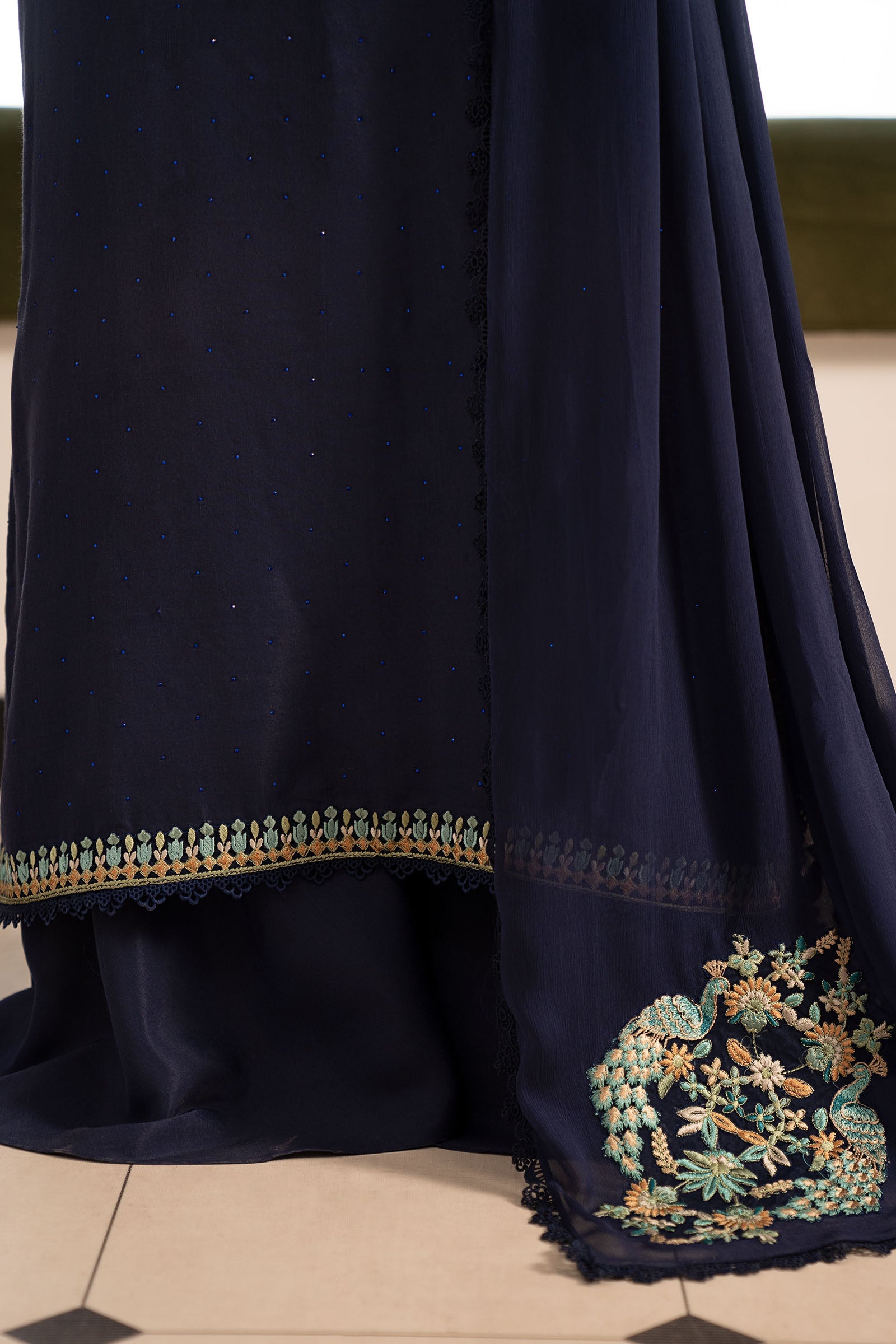 3 Piece Embroidered Raw Silk Suit
