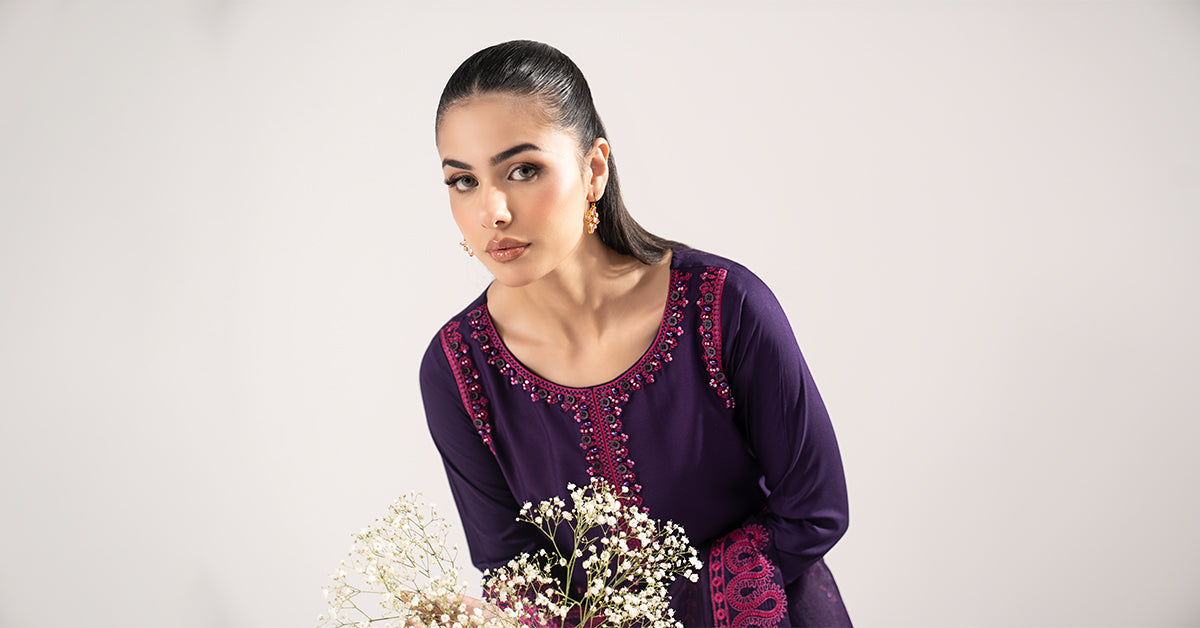 3 Piece Embroidered Linen Suit - DWW2509-ESM-PRP