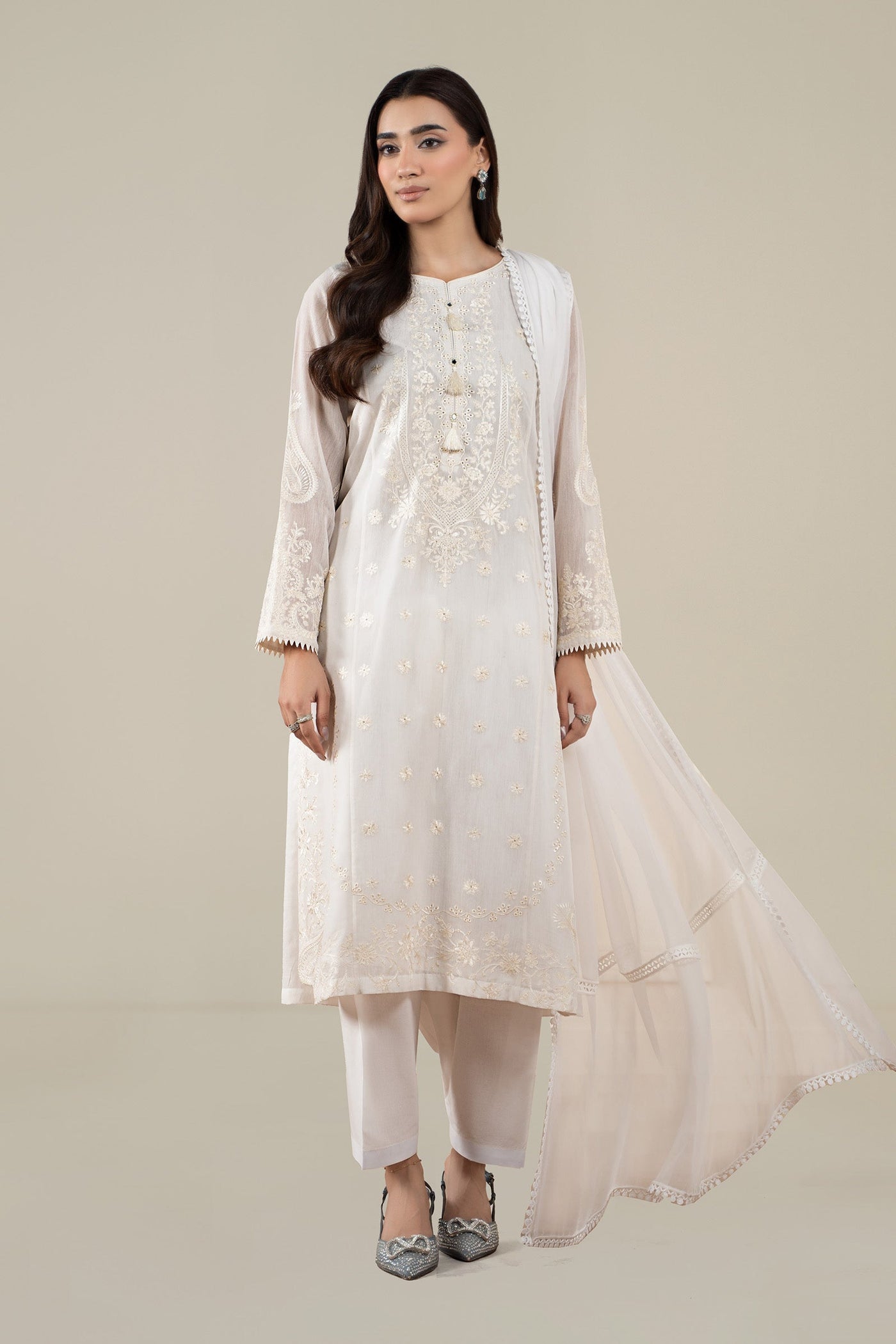 3 Piece Embroidered Paper Cotton Suit