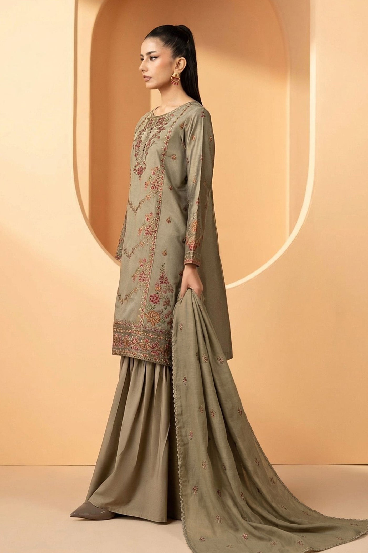 3 Piece Embroidered Double Warp Silk Suit
