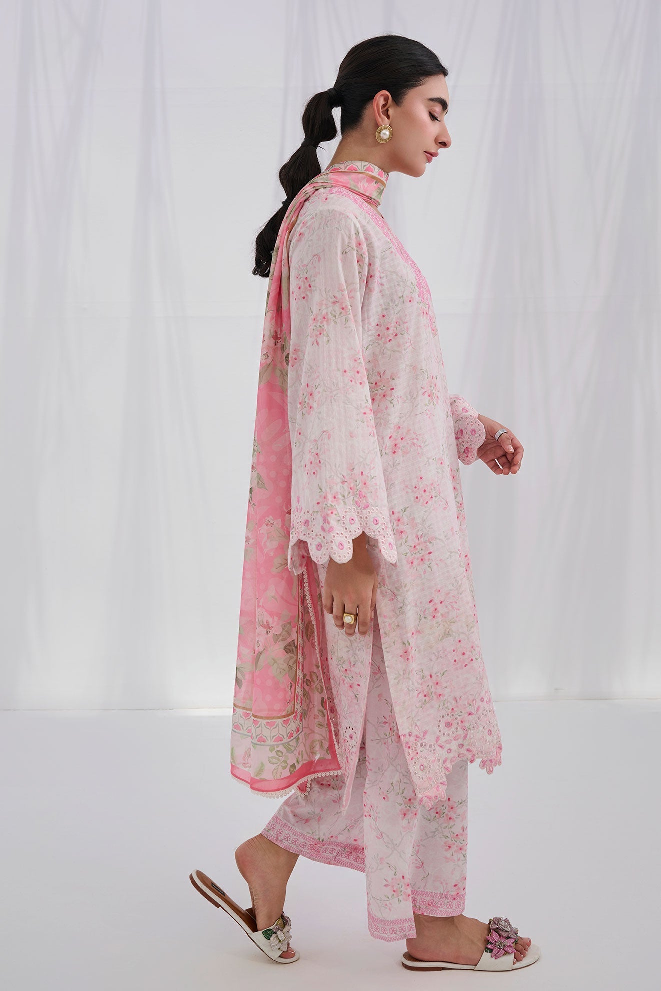 Ss25Dc-2559 Pink Cotton Jacquard 2Pcs Embroidered Kurta With Trouser