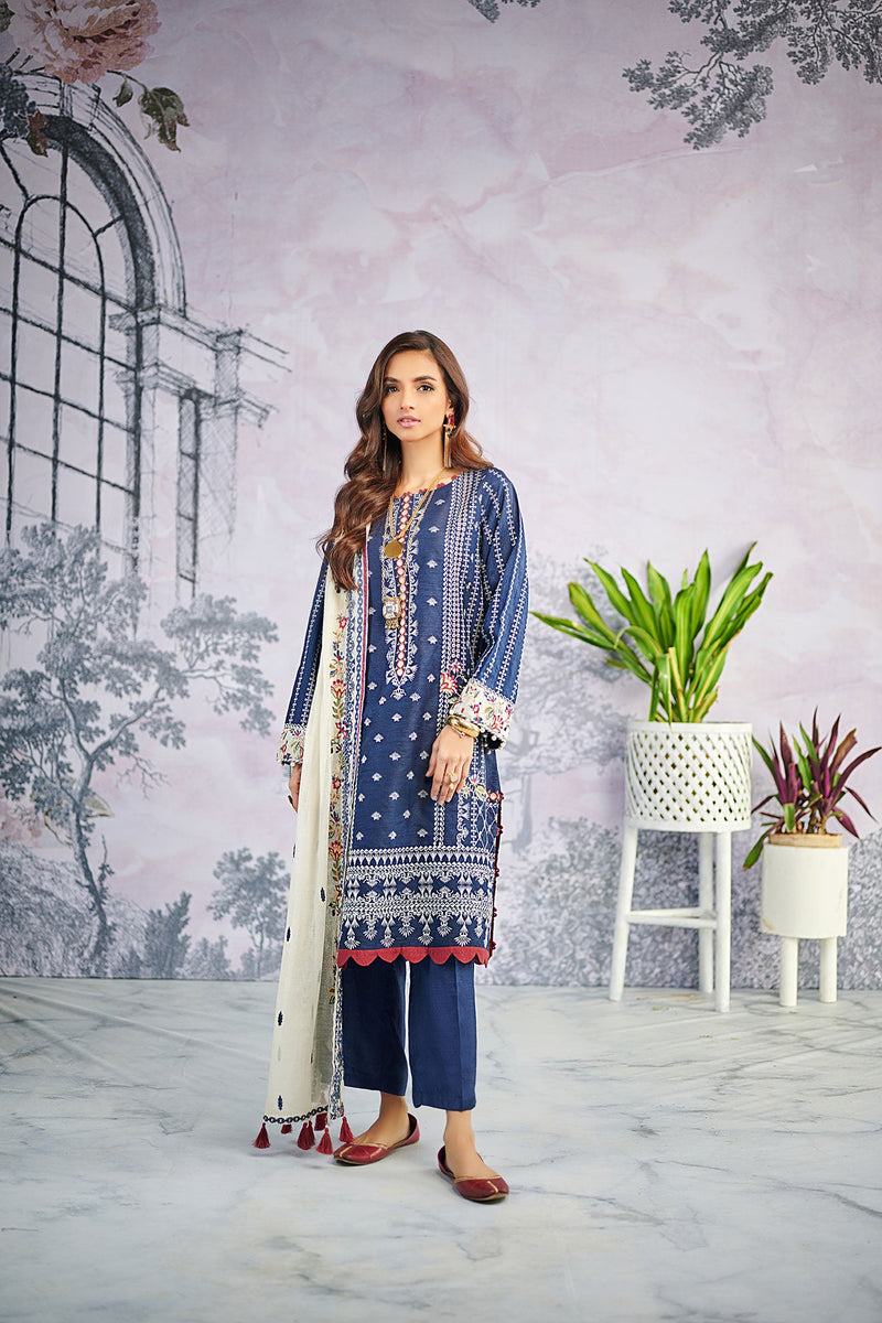DU-3072 NAVY-BLUE COTTON-ORGANZA 3PCS