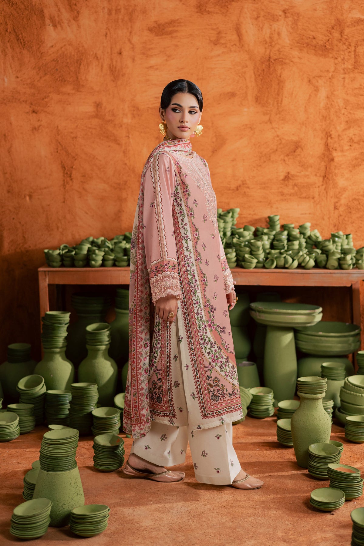 Dusty Peach 3Pc - Printed Lawn Dress
