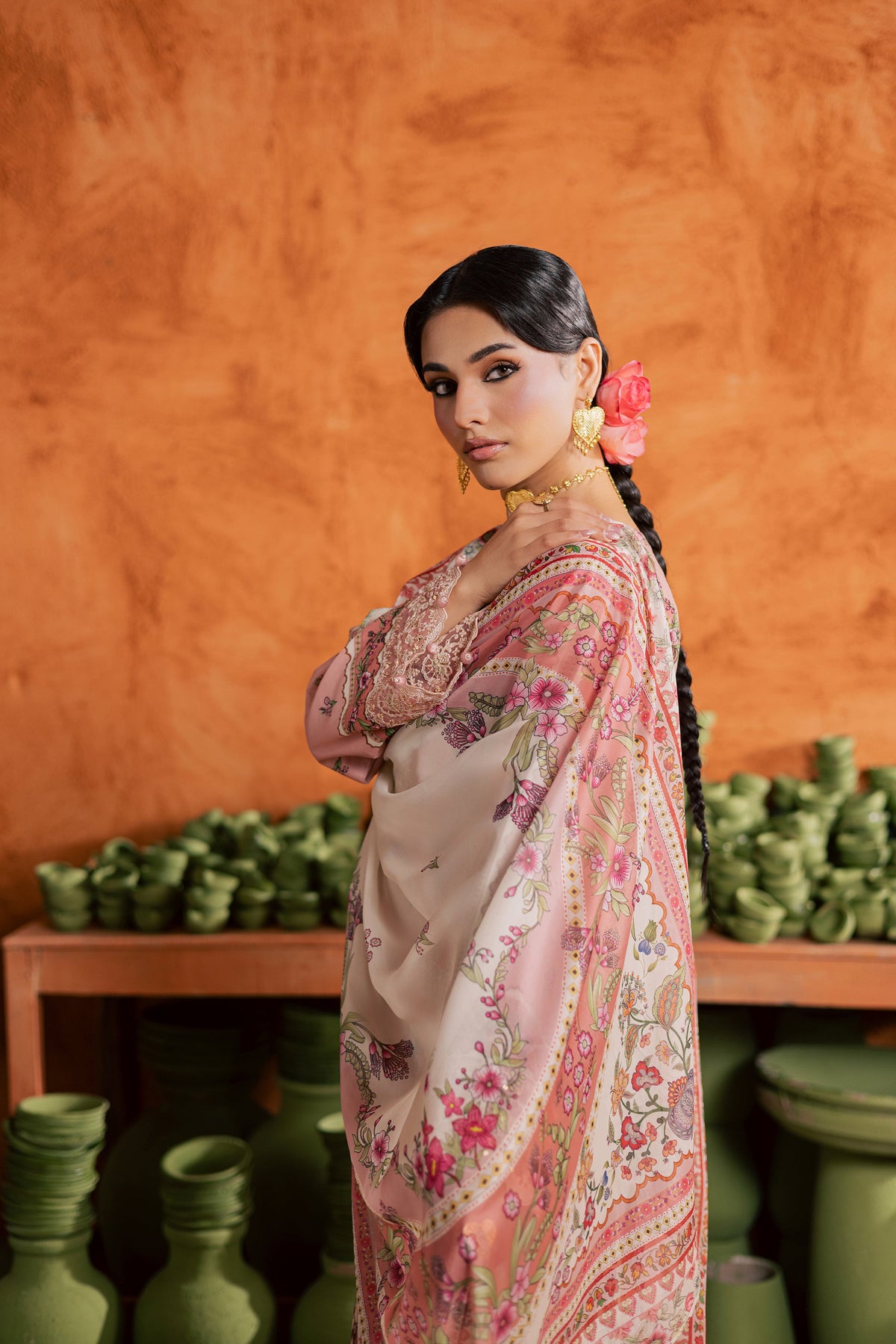 Dusty Peach 3Pc - Printed Lawn Dress