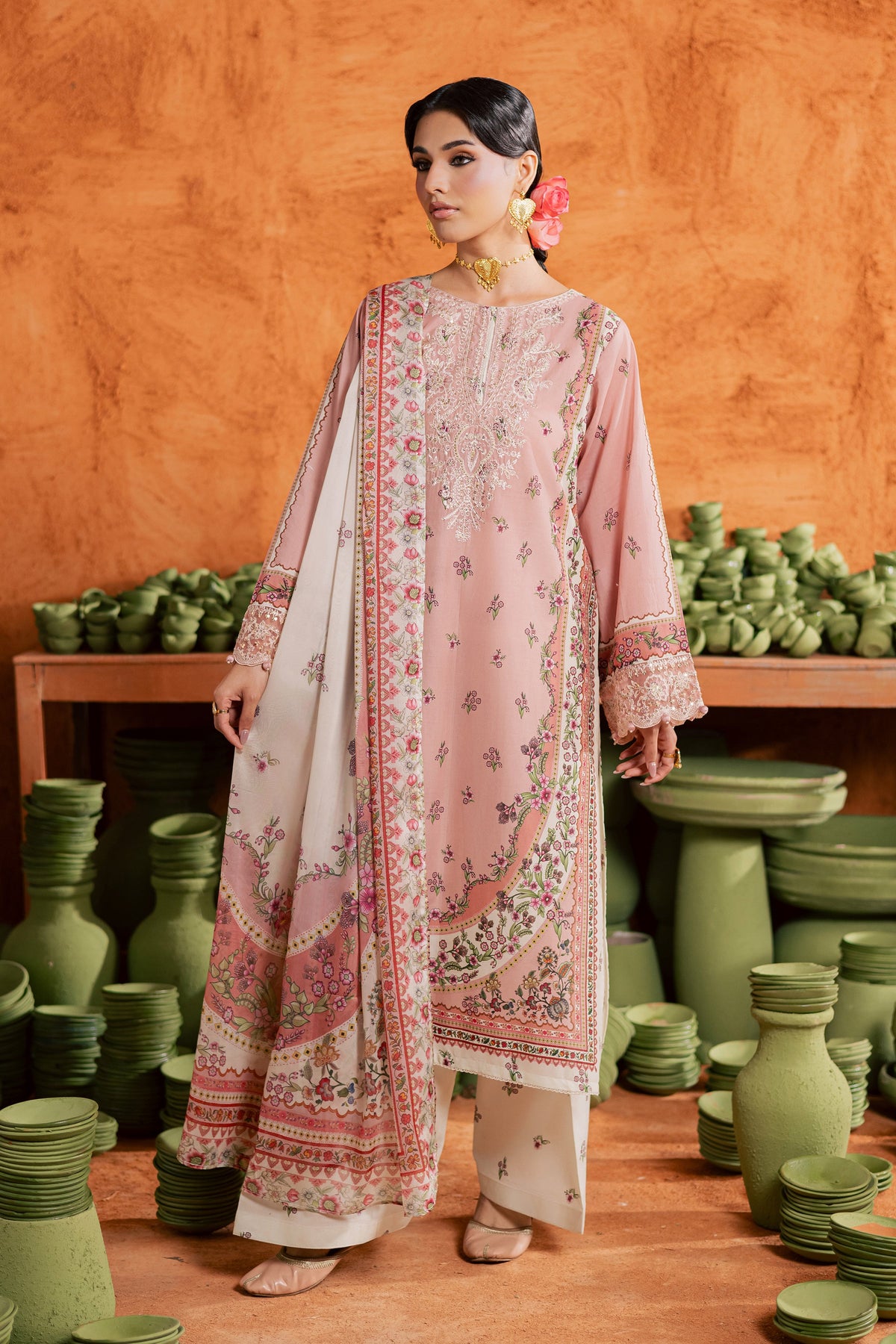 Dusty Peach 3Pc - Printed Lawn Dress