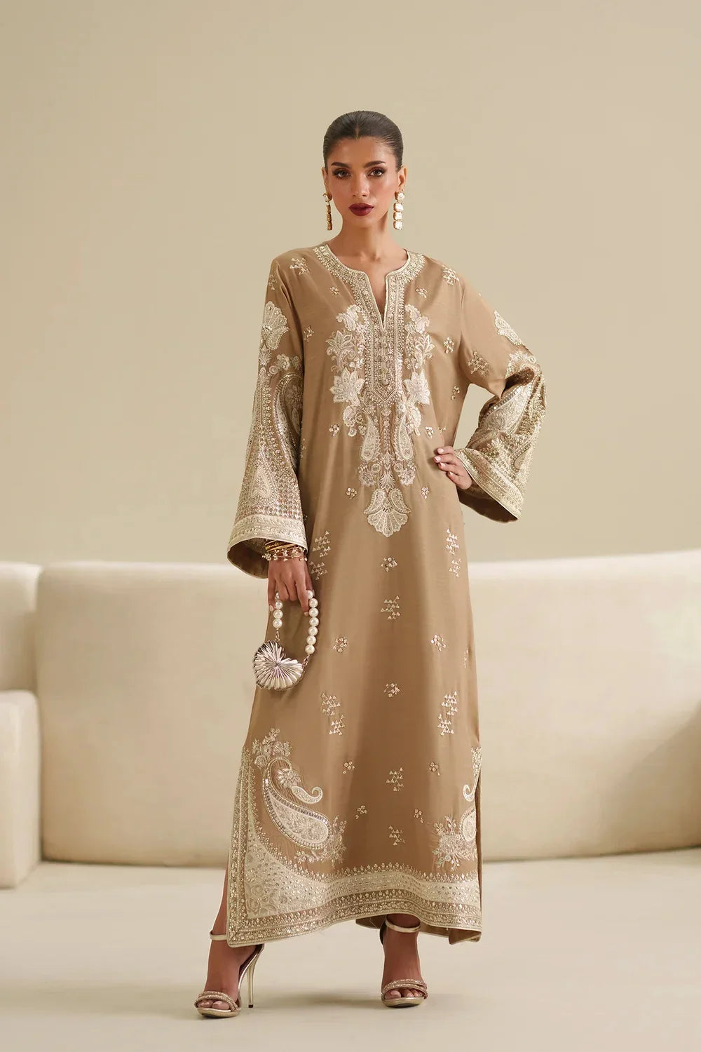 Poshkari Luxury Silk Embroidered 3Pc Unstitched Suit Ethnc Kaftan PA-122