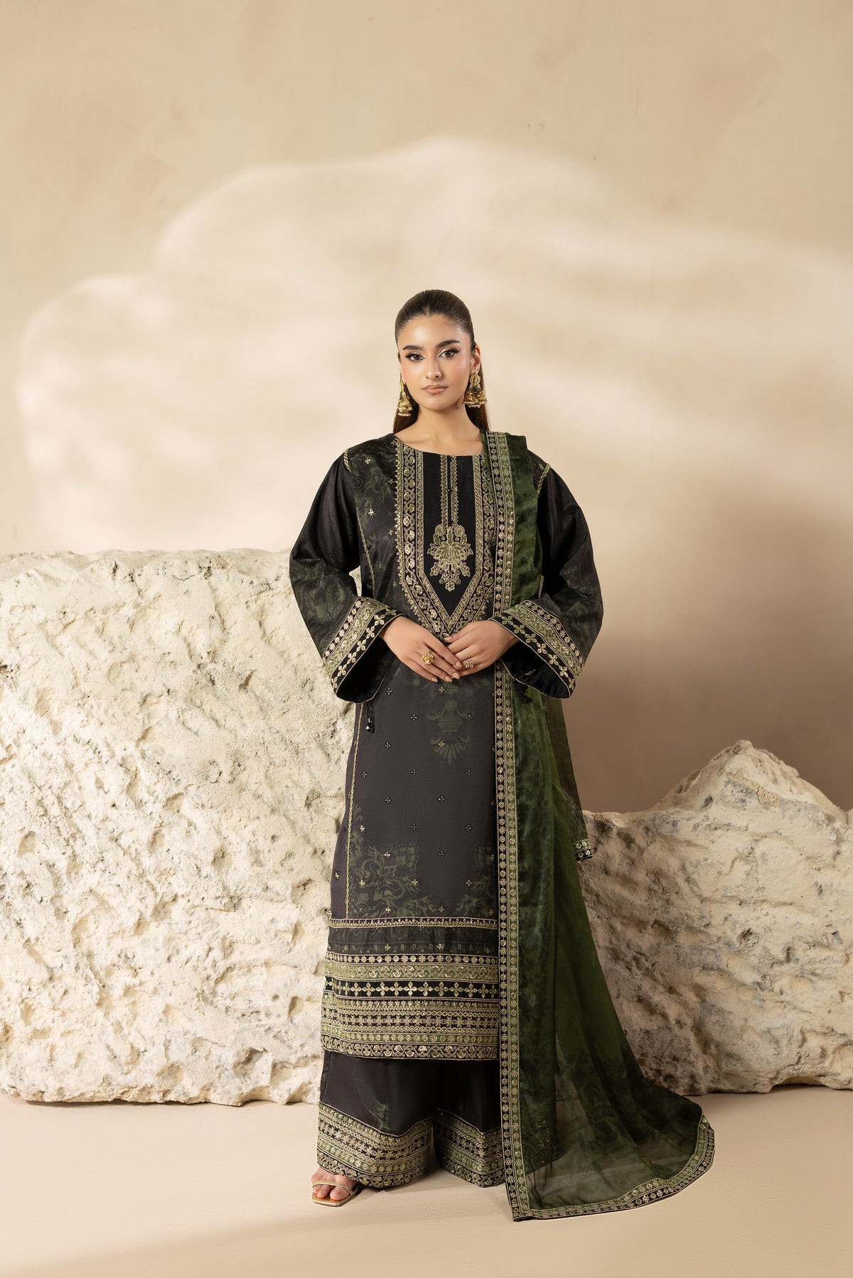 Aneelas Semi Formal Raw Silk Print Emb 3pc Emb Chiffon Duppata [FC-32] [Dispatch Time 2 Months]