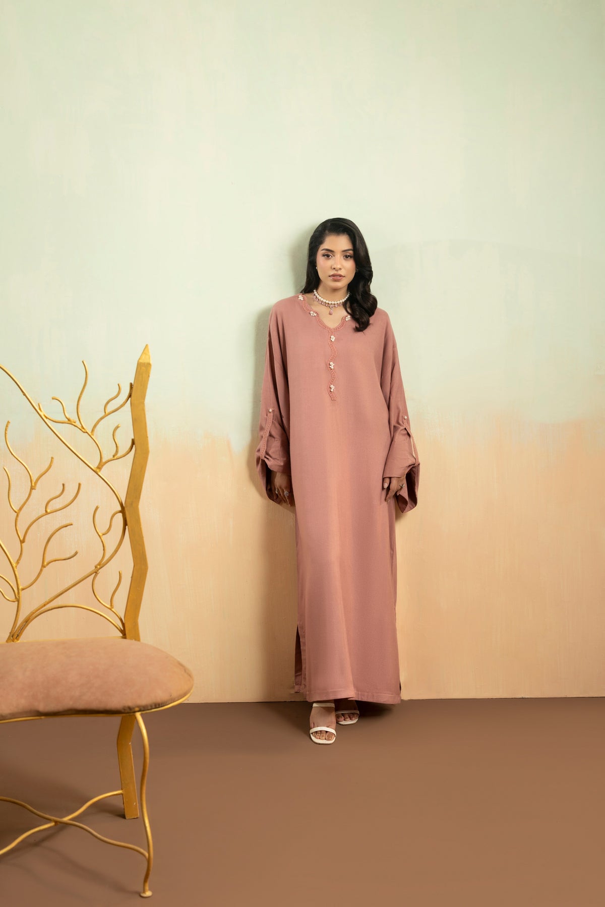 Aneelas Peach Wool Loose Fit Shirt Trouser 2pc [PL-26-06] [Est. Dispatch Time 2 Months]