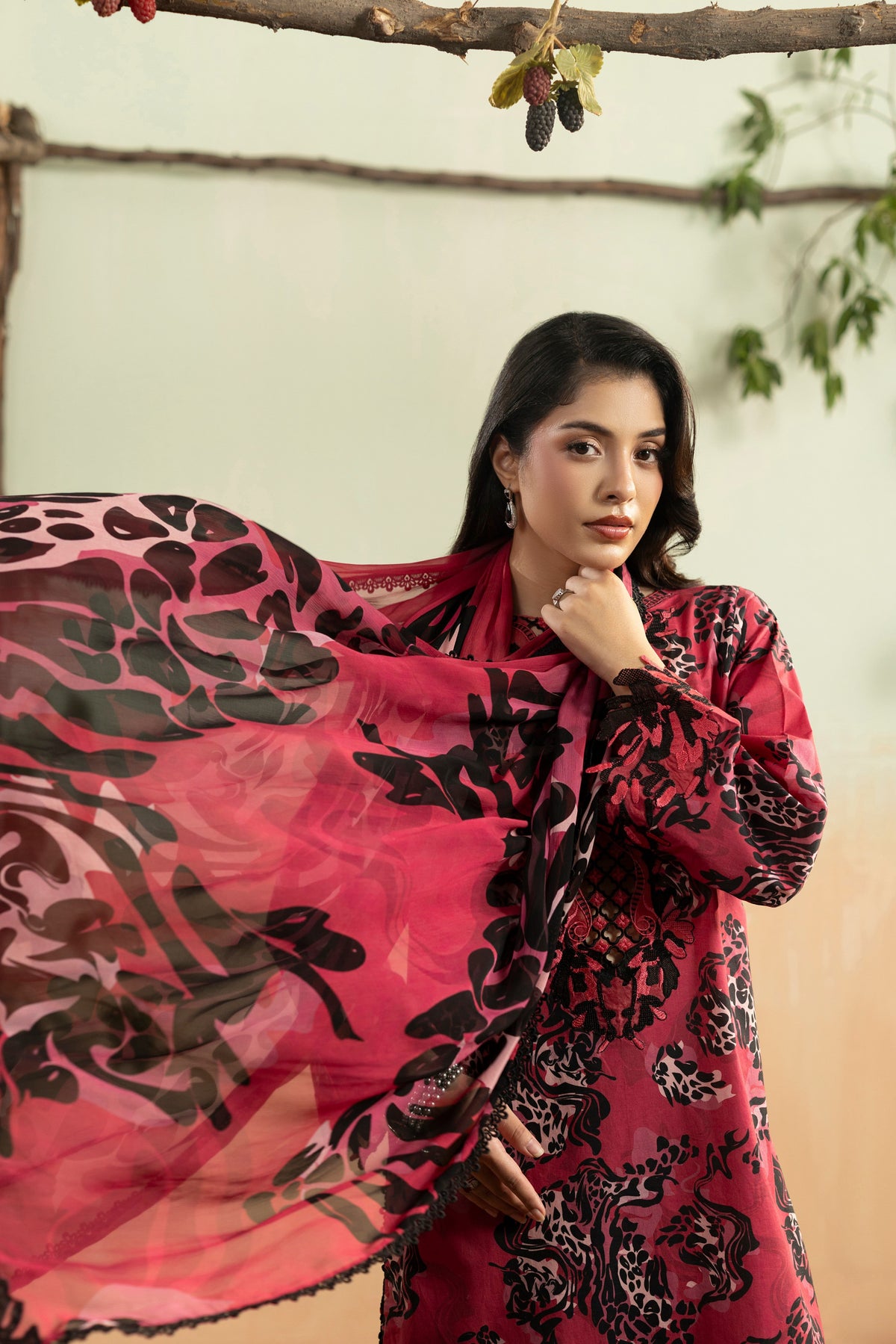 Aneelas Same Viscose Print Emb 3pc Silk Duppata [VC-26-12-A-A] [Dispatch Time 2 Months]