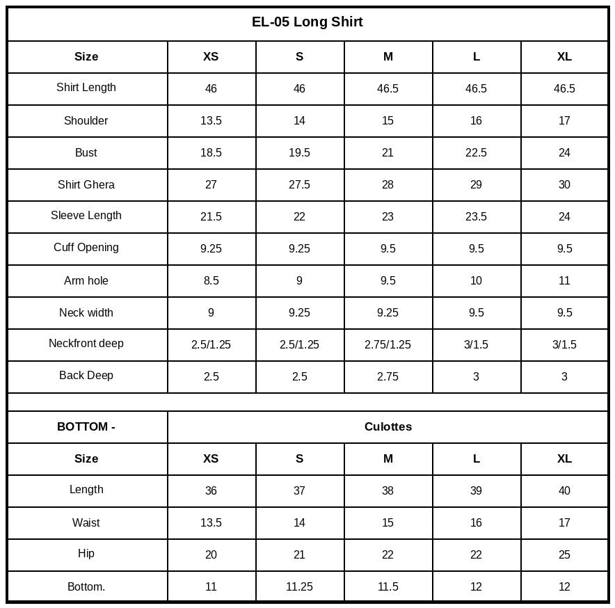 Size Chart (inches)