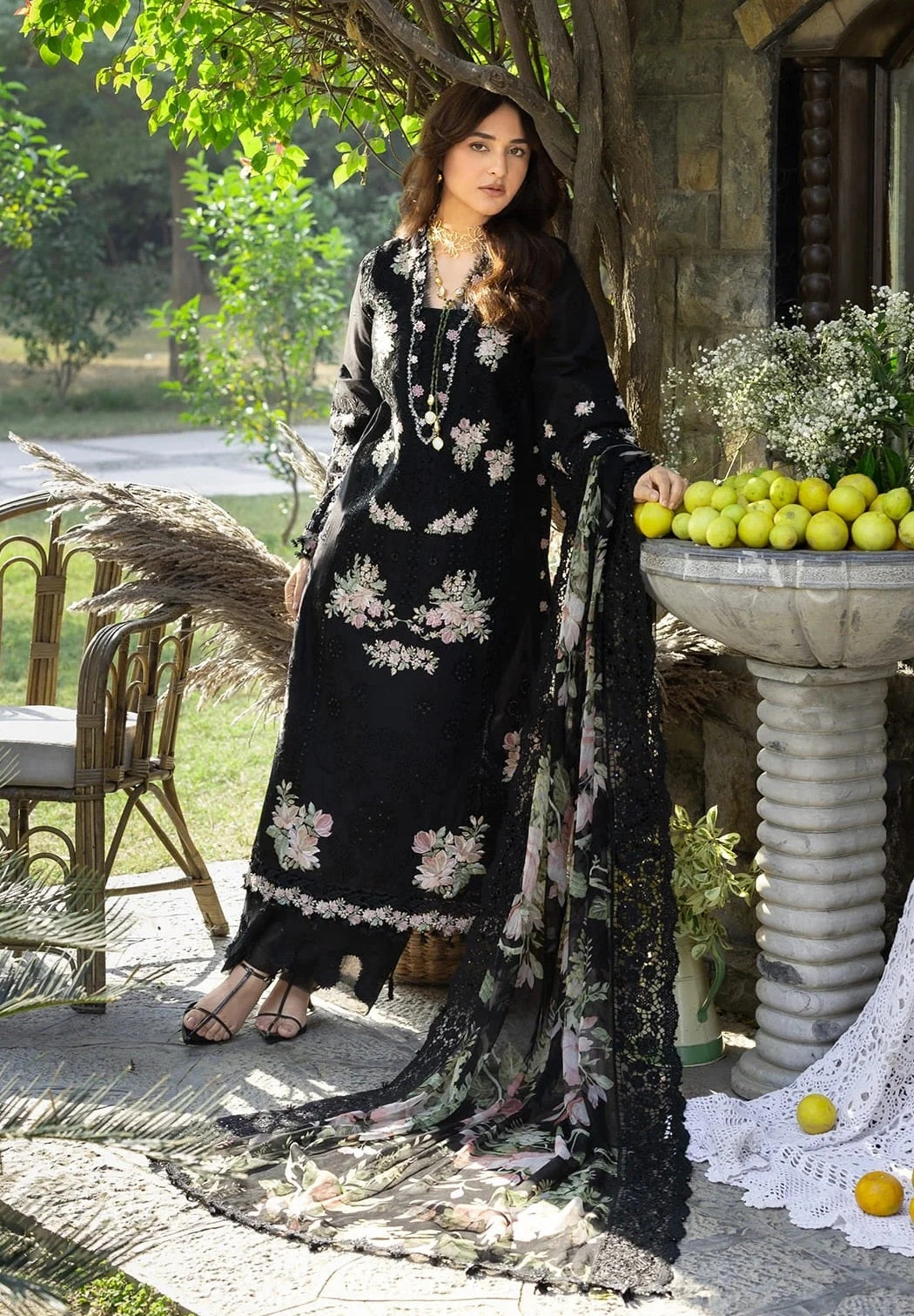 Elaf - Luxury Lawn Embroidered 3 Piece Unstitched - Midnight Blossom