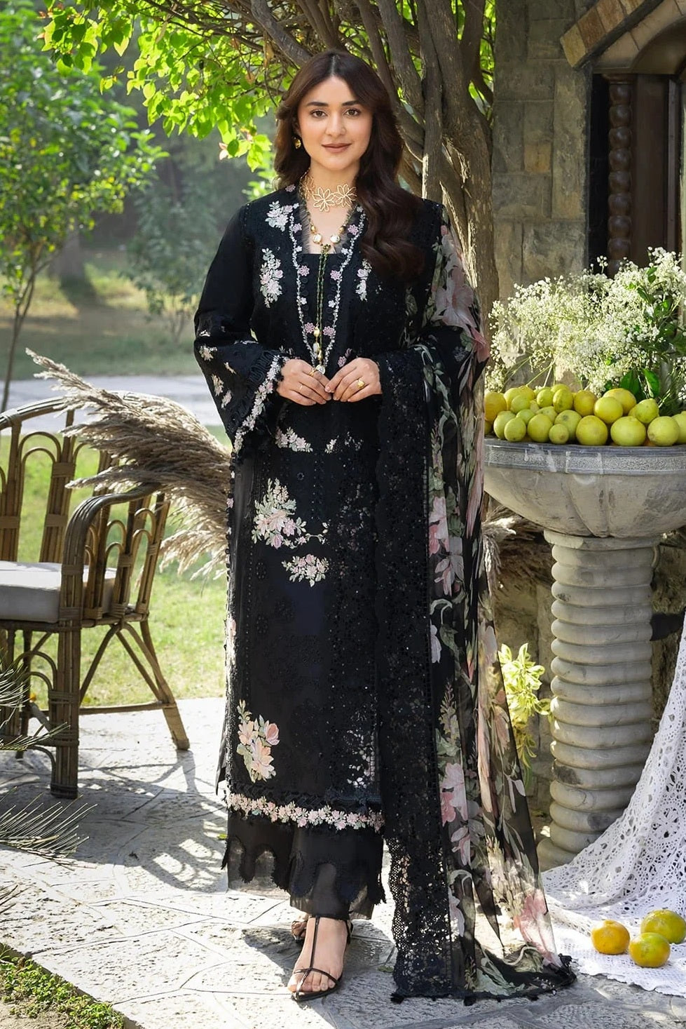 Elaf - Luxury Lawn Embroidered 3 Piece Unstitched - Midnight Blossom