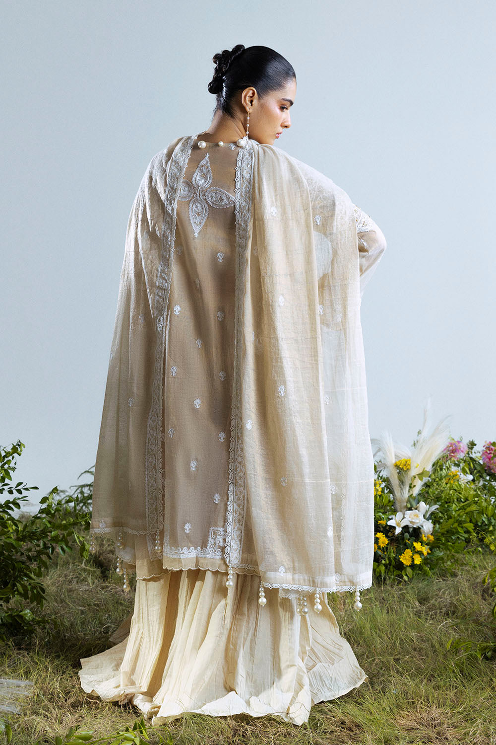 3 Piece Embroidered Mehsuri Suit with Handwork and Raw Silk Trouser