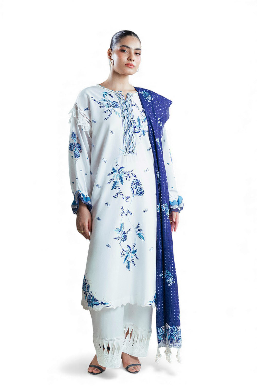 3 Piece Embroidered Lawn Suit with Bunches and Zari Dupatta