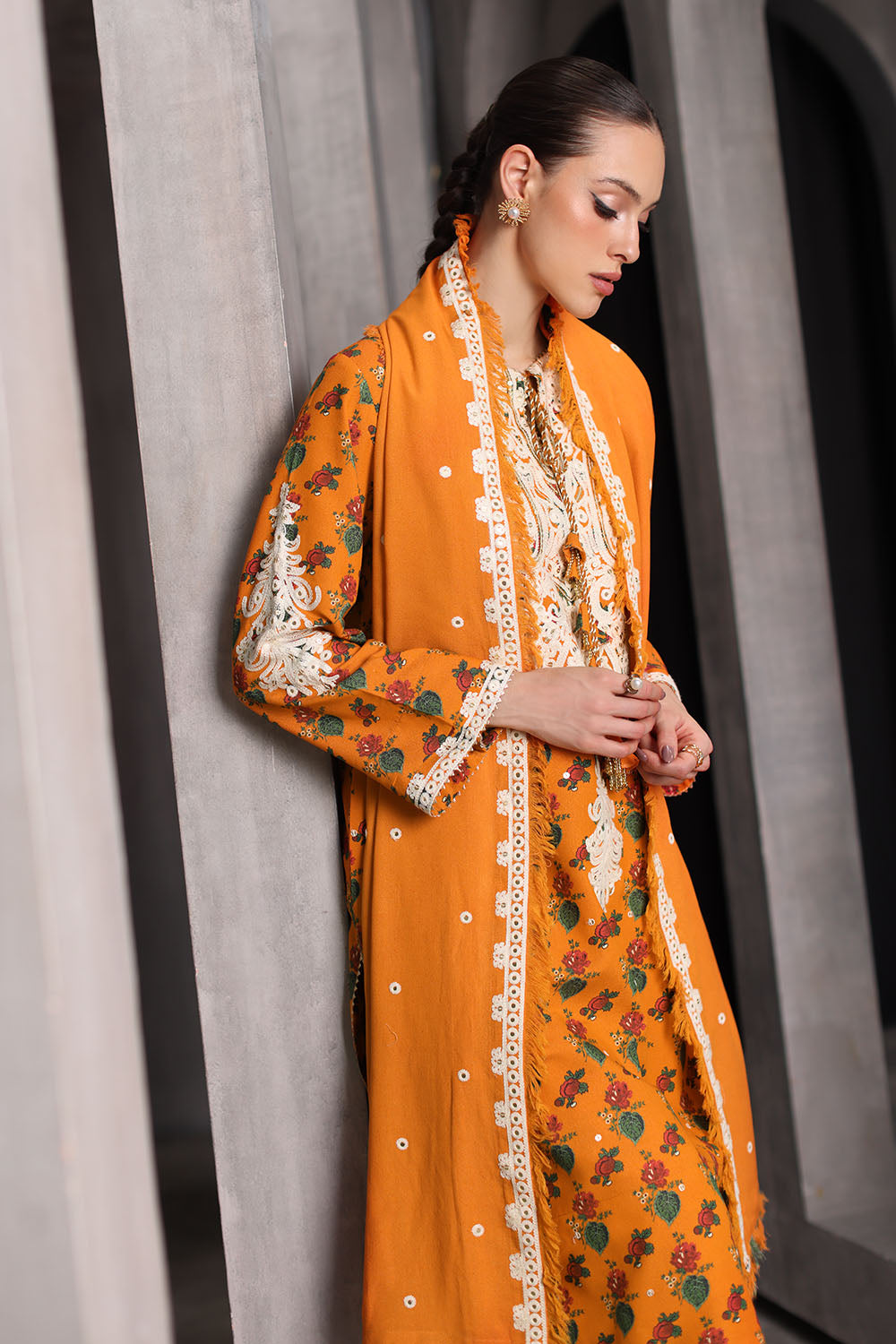 3 Piece Embroidered Printed Karandi Suit with Embroidered Karandi Dupatta