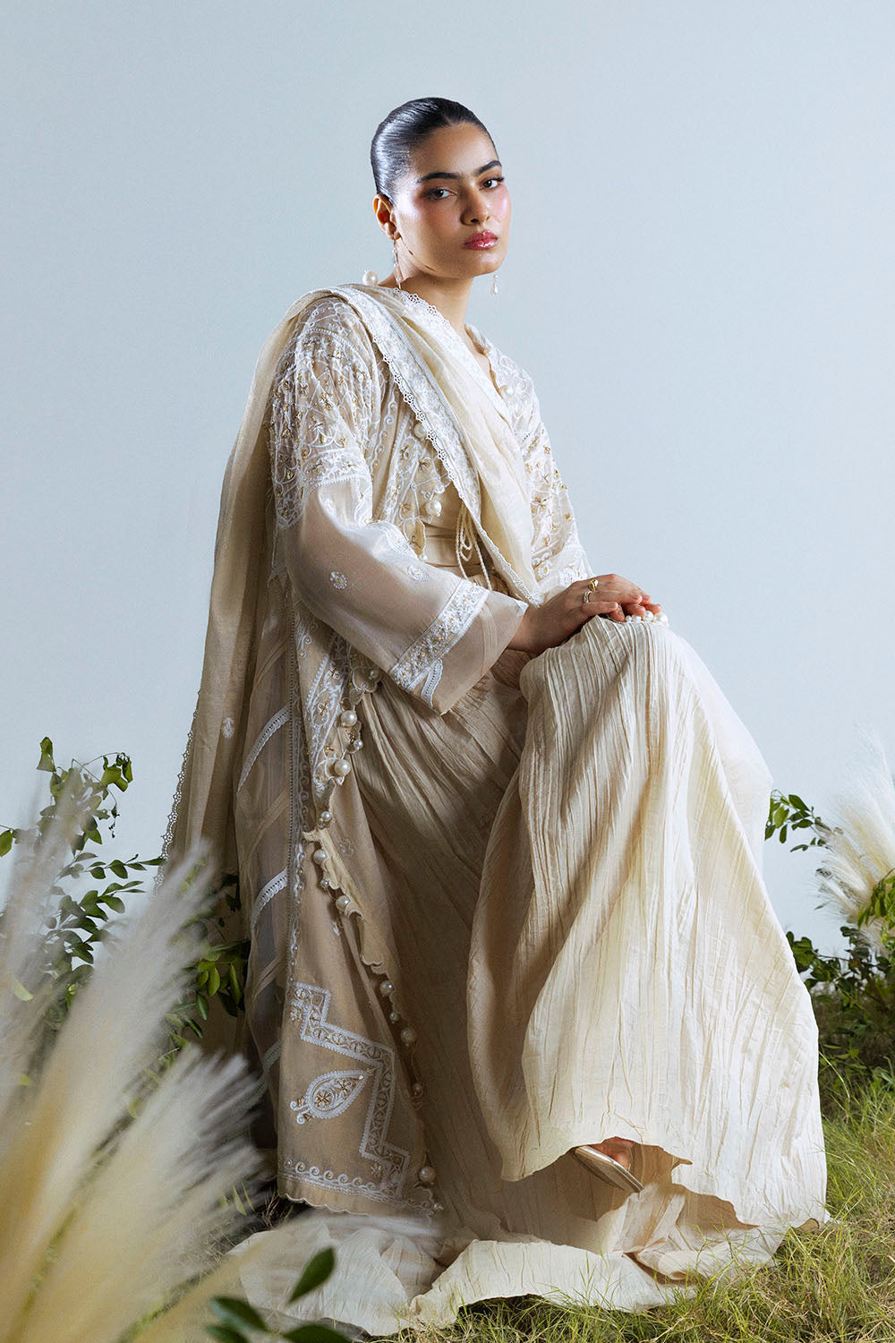 3 Piece Embroidered Mehsuri Suit with Handwork and Raw Silk Trouser