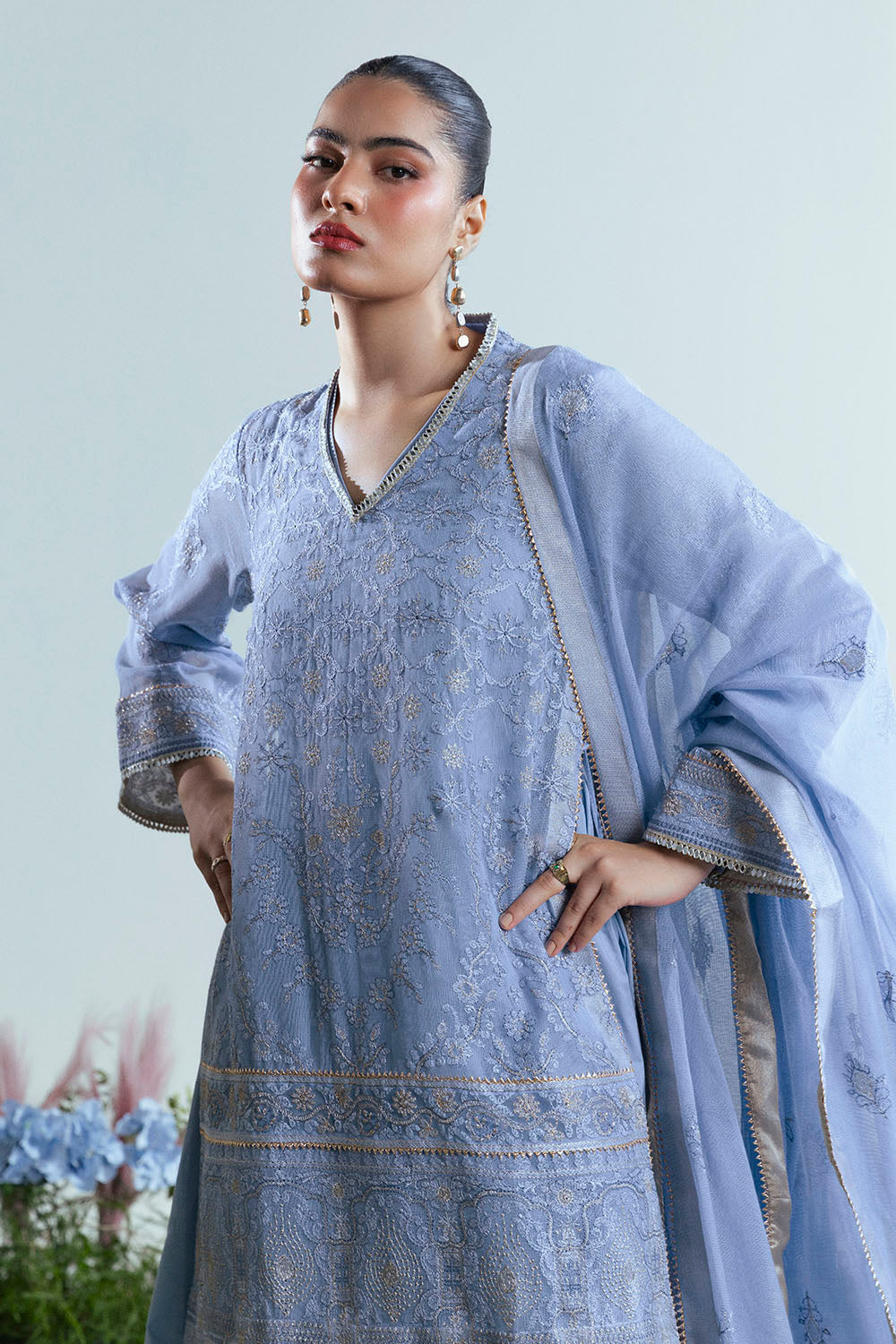 3 Piece Embroidered Cotton Net Suit With Pallu Dupatta
