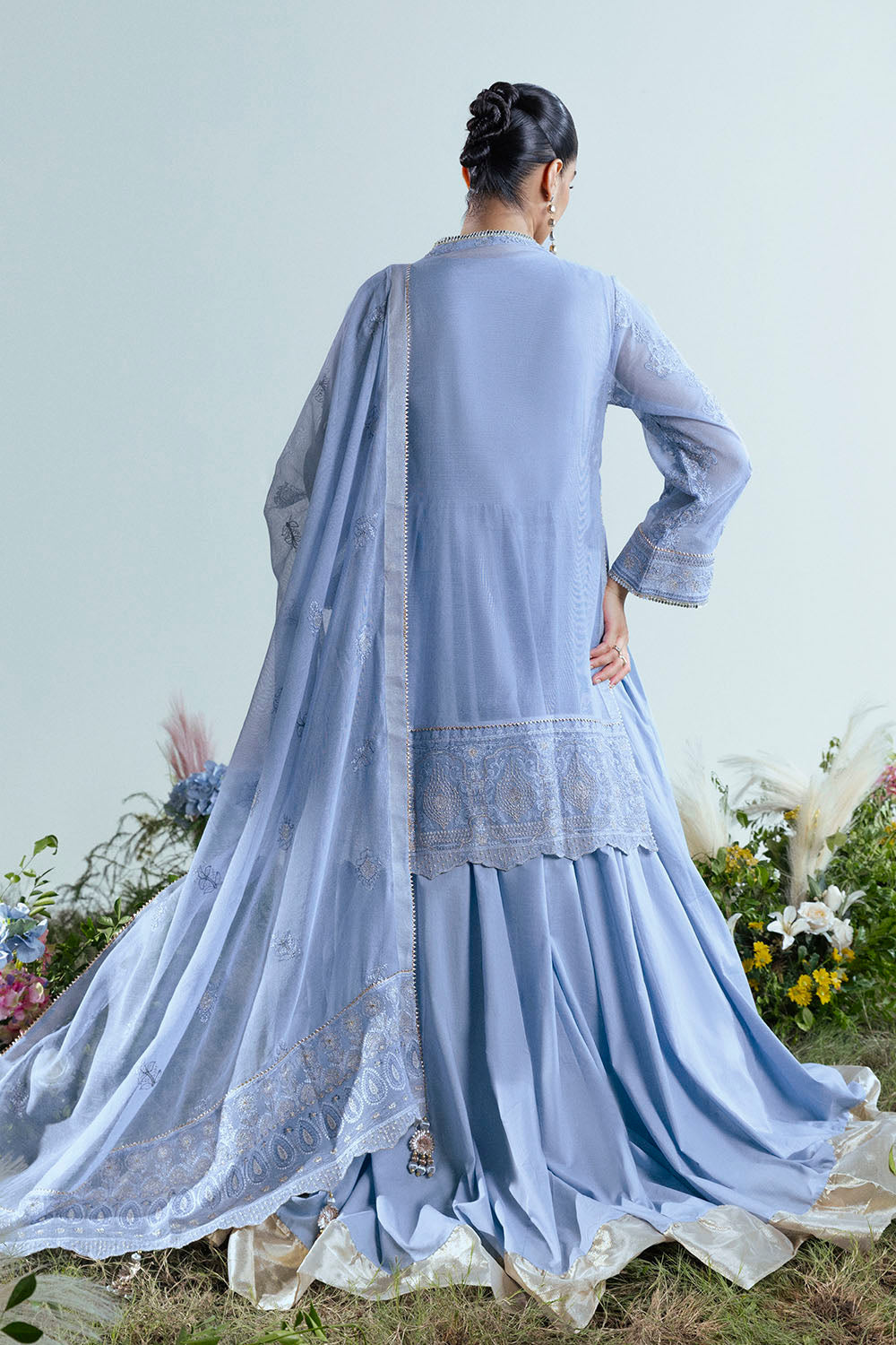 3 Piece Embroidered Cotton Net Suit With Pallu Dupatta