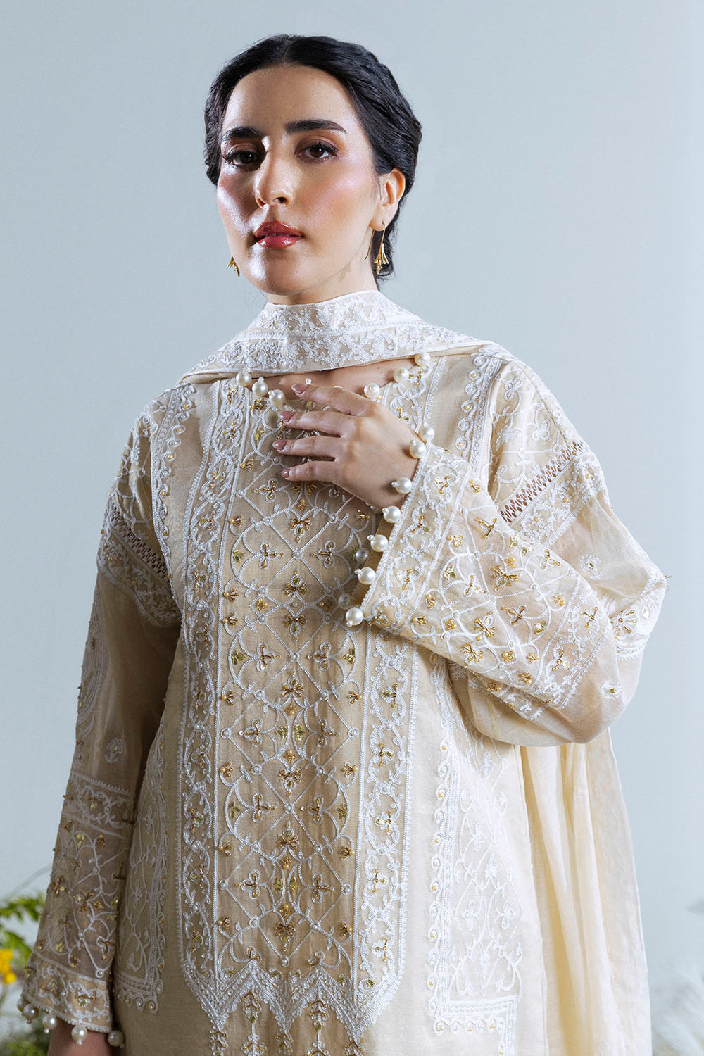 3 Piece Embroidered Mehsuri Suit with Handwork and Raw Silk Trouser