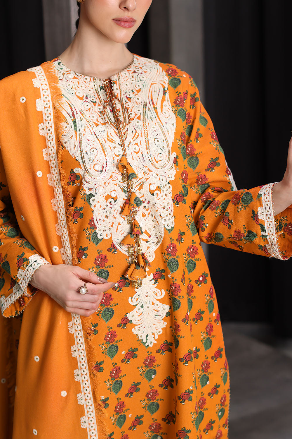3 Piece Embroidered Printed Karandi Suit with Embroidered Karandi Dupatta