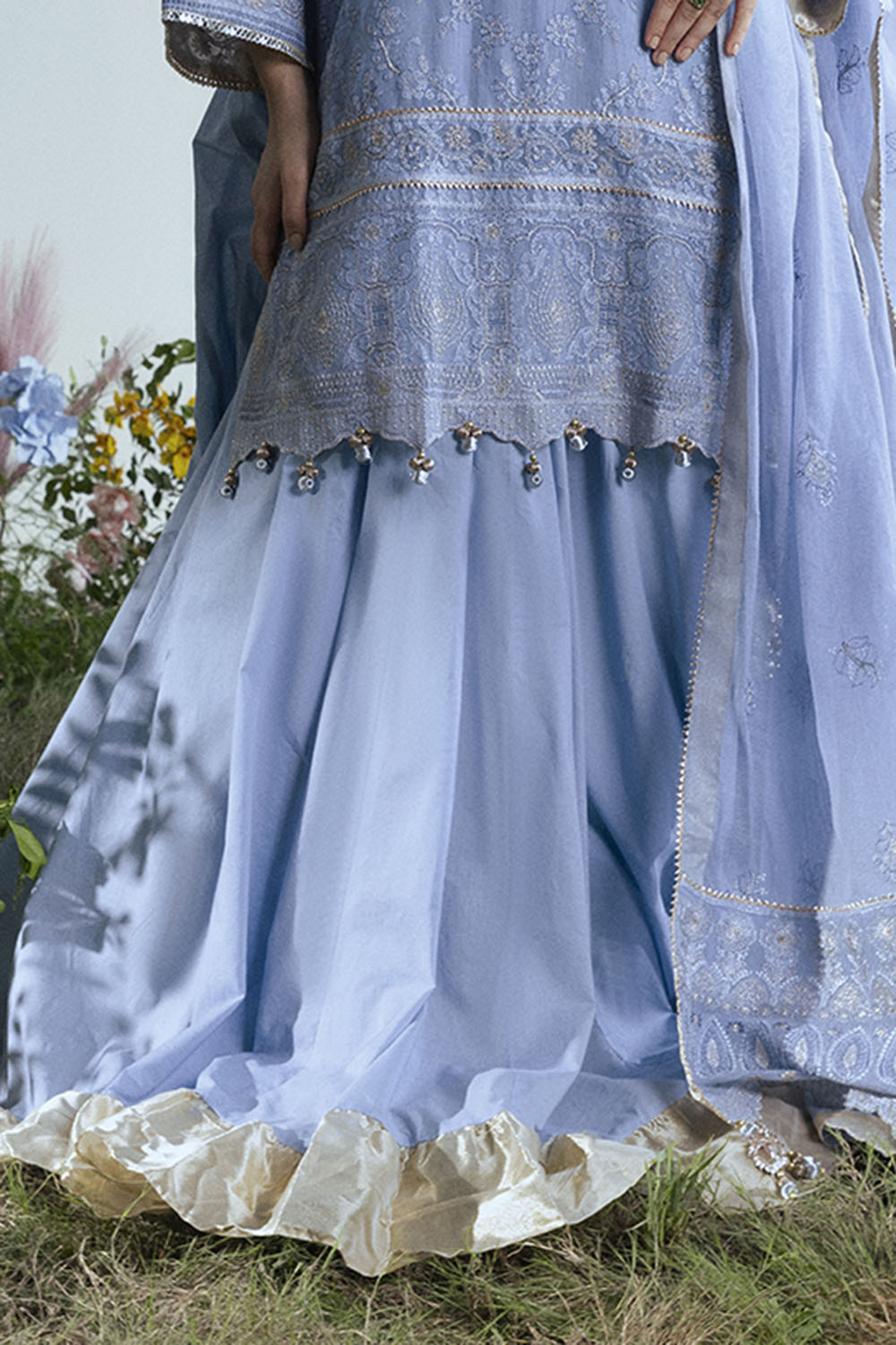 3 Piece Embroidered Cotton Net Suit With Pallu Dupatta