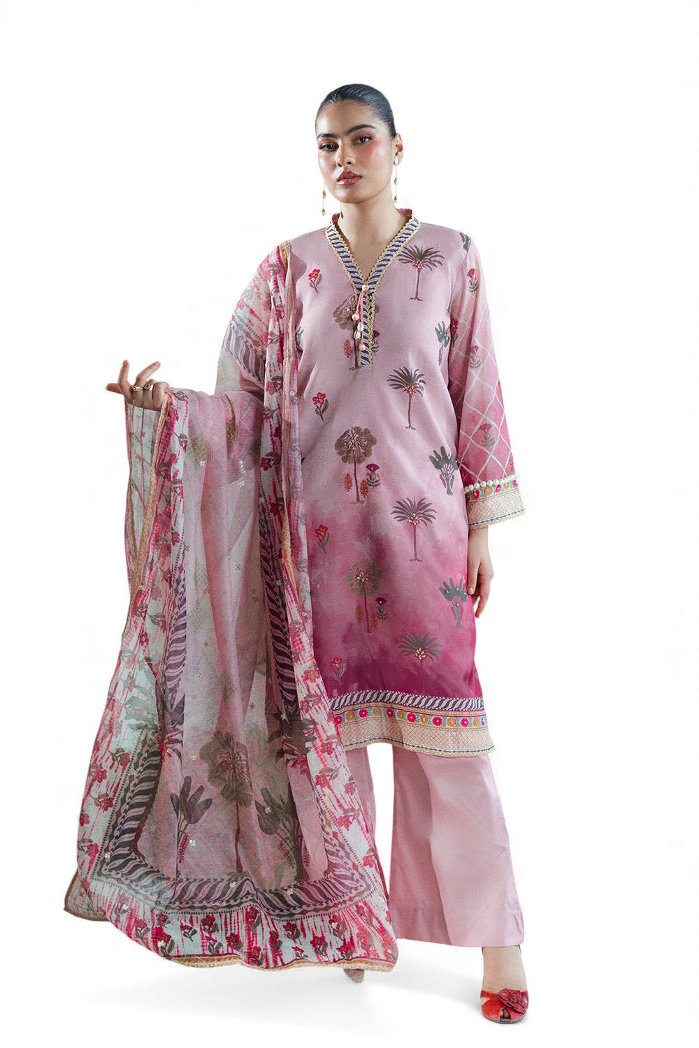 3 Piece Printed Monar Slub Suit With Handwork And Khaddi Net Dupatta