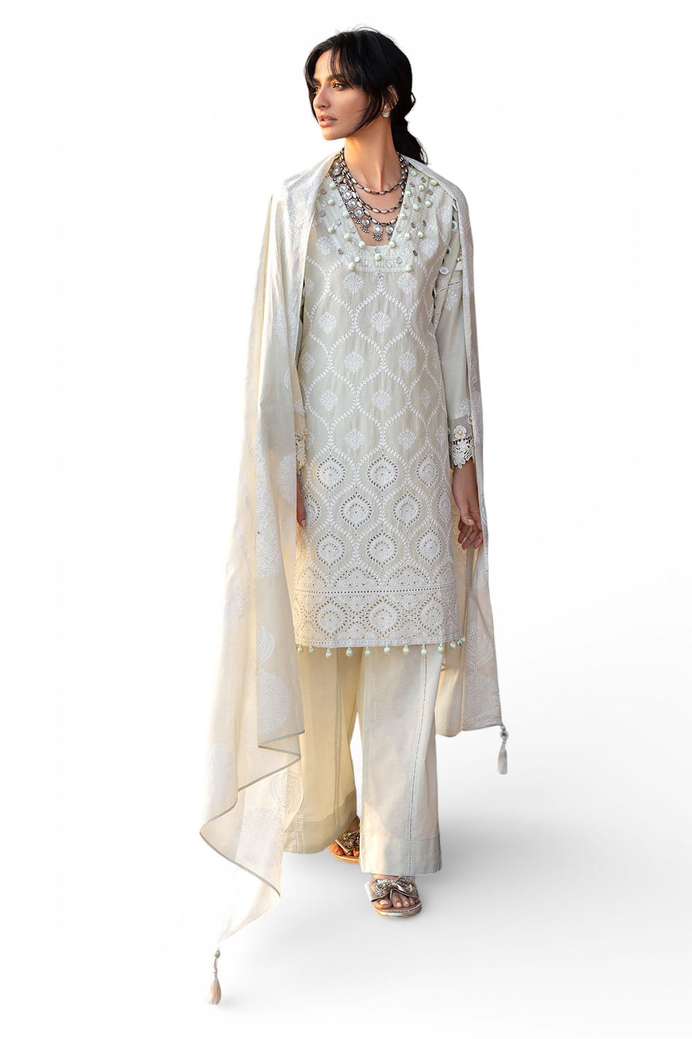 3 Piece Schiffli Embroidered Lawn Suit With Embroidered Lacquer Printed Dupatta