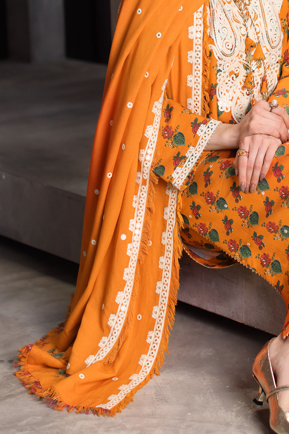 3 Piece Embroidered Printed Karandi Suit with Embroidered Karandi Dupatta