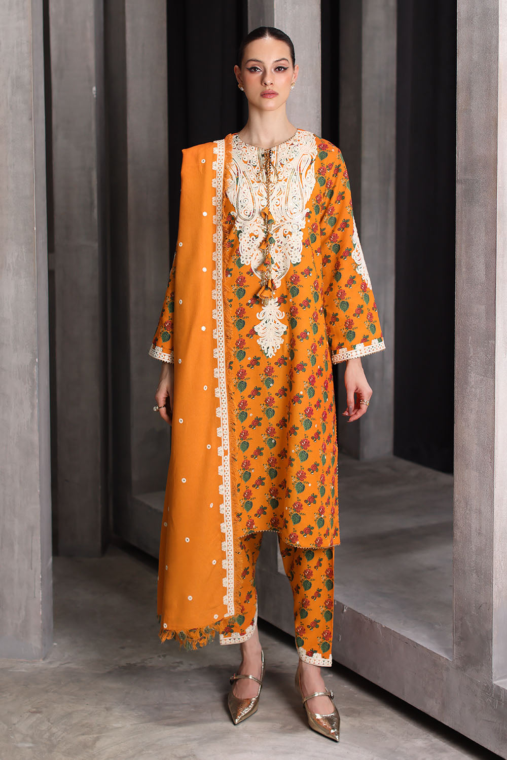 3 Piece Embroidered Printed Karandi Suit with Embroidered Karandi Dupatta
