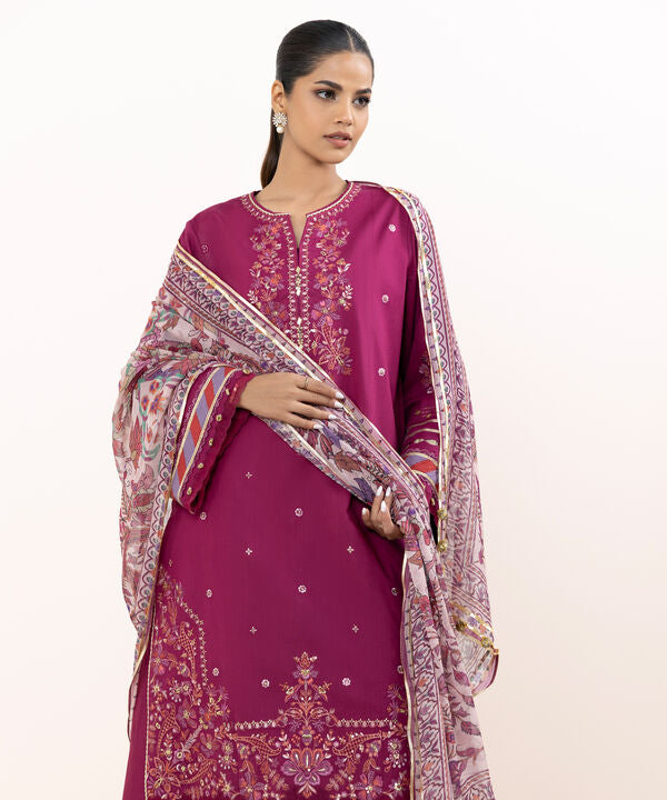 3 Piece - Embroidered Raw Silk Suit