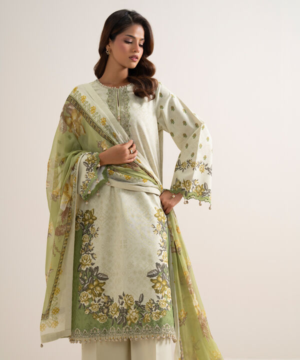 3 Piece - Embroidered Zari Cotton Suit