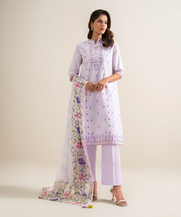3 Piece - Embroidered Zari Cotton Suit