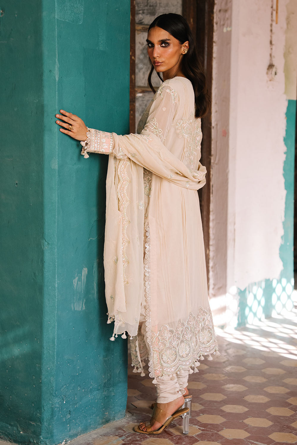 3 Piece Embroidered Chiffon Suit With Organza Borders And Embroidered Chiffon Dupatta