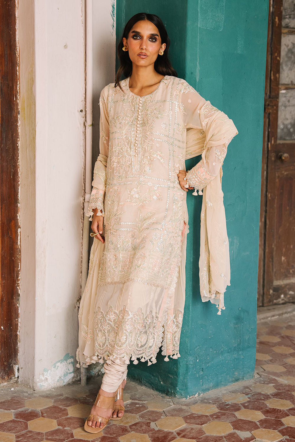 3 Piece Embroidered Chiffon Suit With Organza Borders And Embroidered Chiffon Dupatta