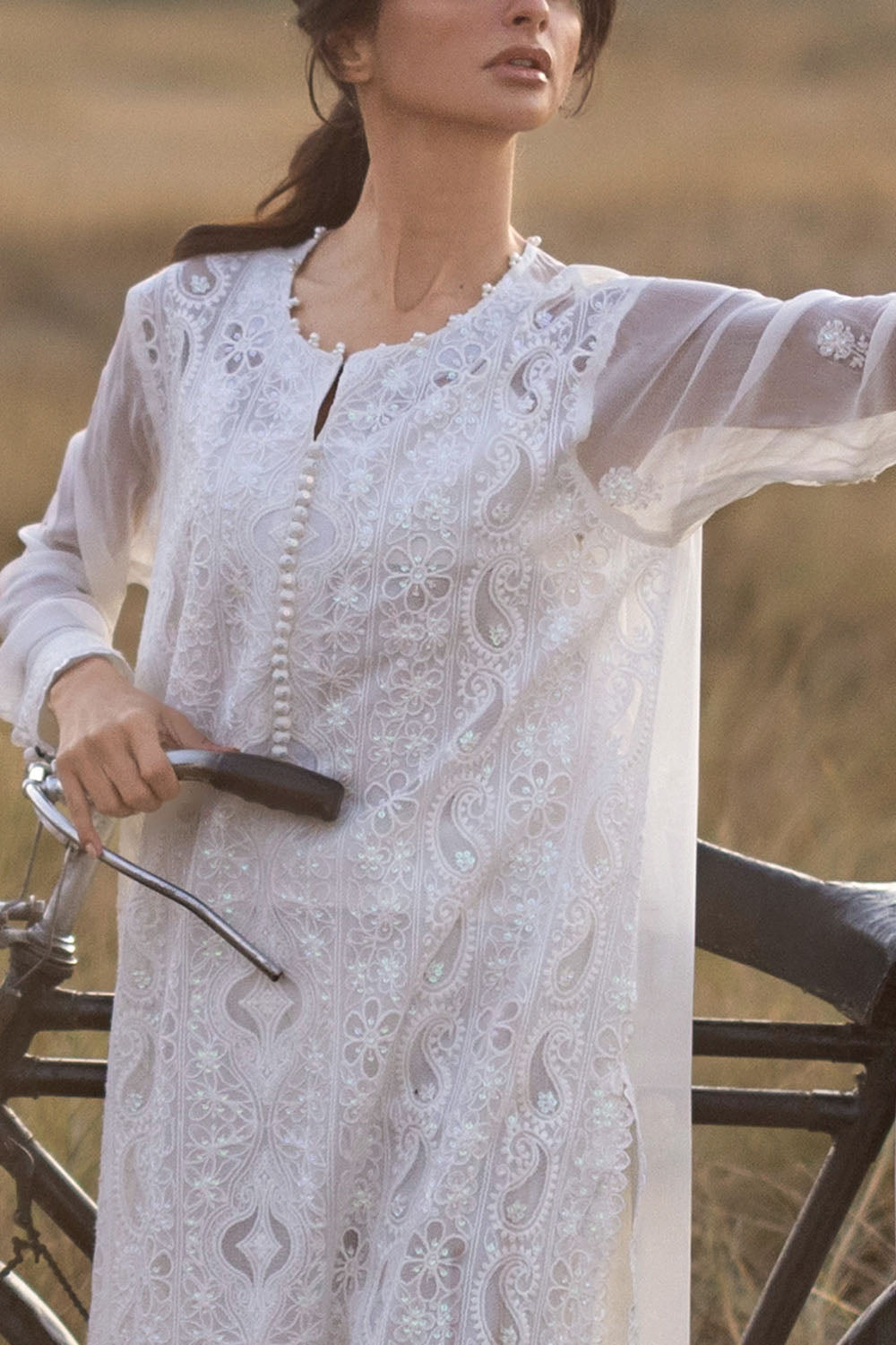 3 Piece Embroidered Chiffon Suit with Cotton Applique