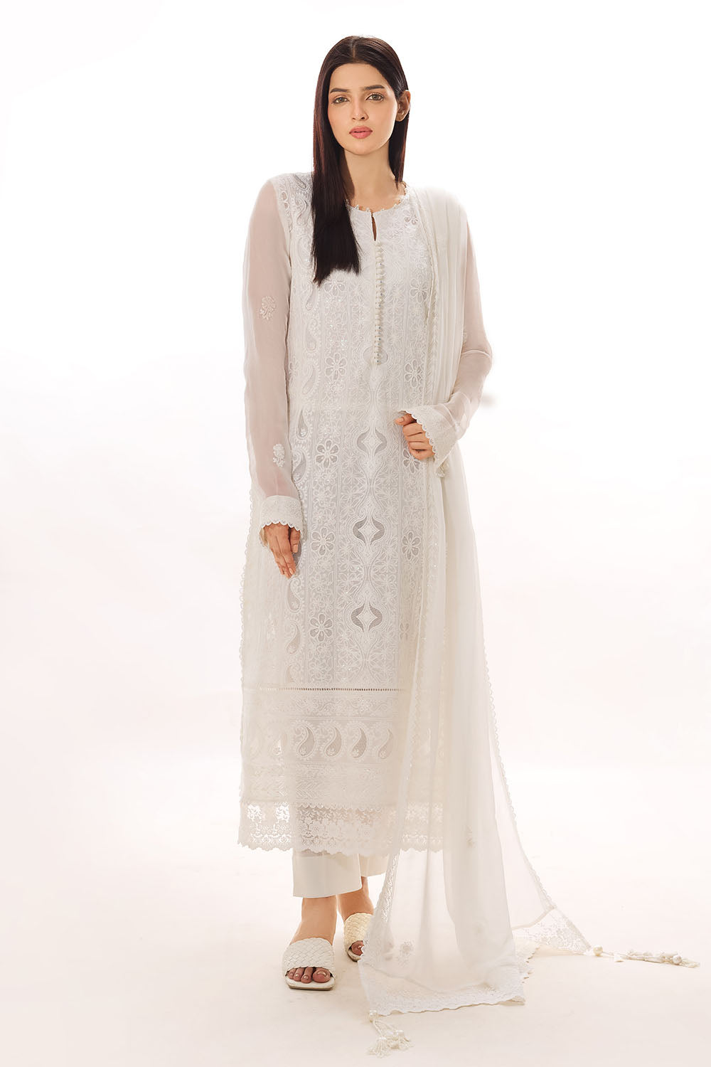 3 Piece Embroidered Chiffon Suit with Cotton Applique