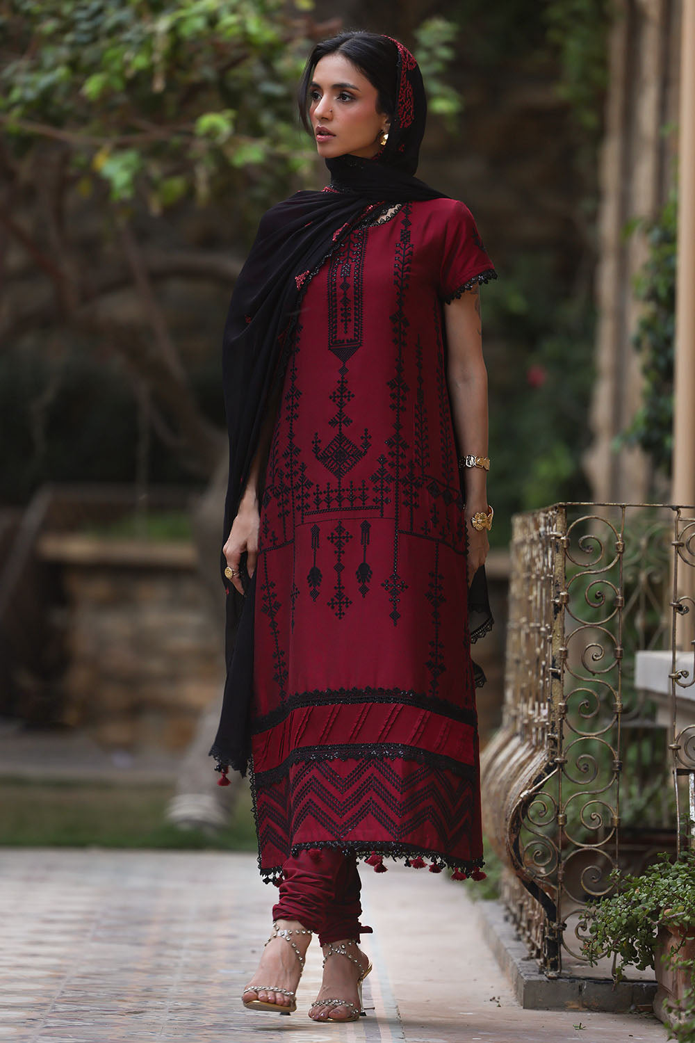 3 Piece Embroidered Cotton Silk Suit with Embroidered Chiffon Dupatta