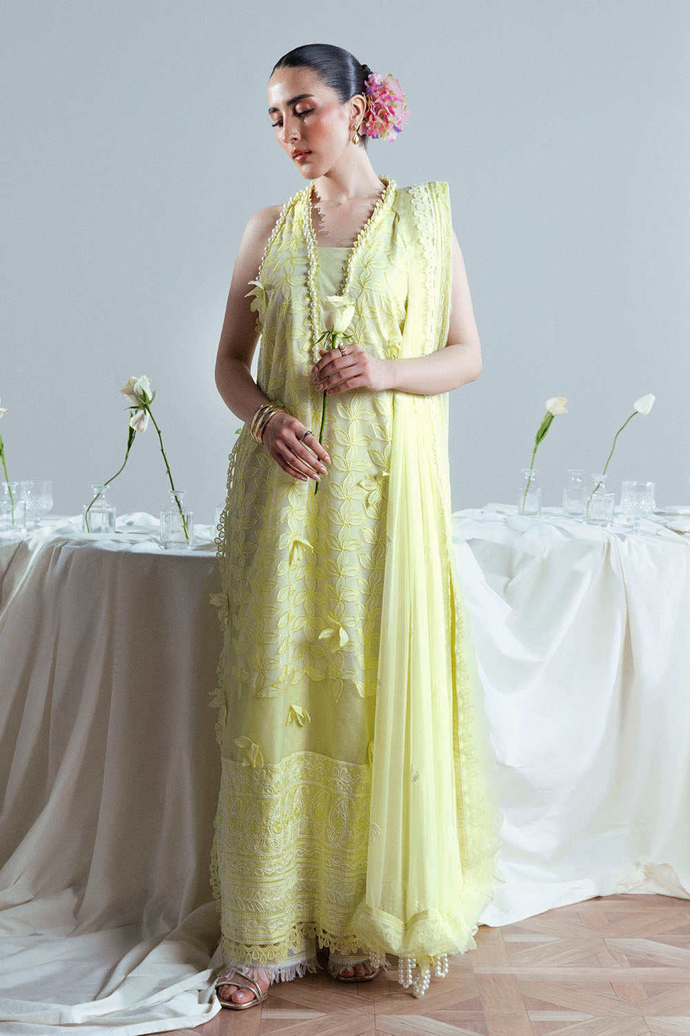 3 Piece Embroidered Cutwork Net Suit With Chiffon Dupatta