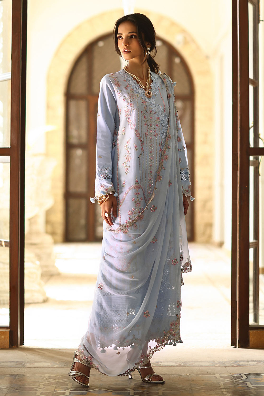 3 Piece Embroidered Lawn Suit With Borders And Embroidered Chiffon Dupatta