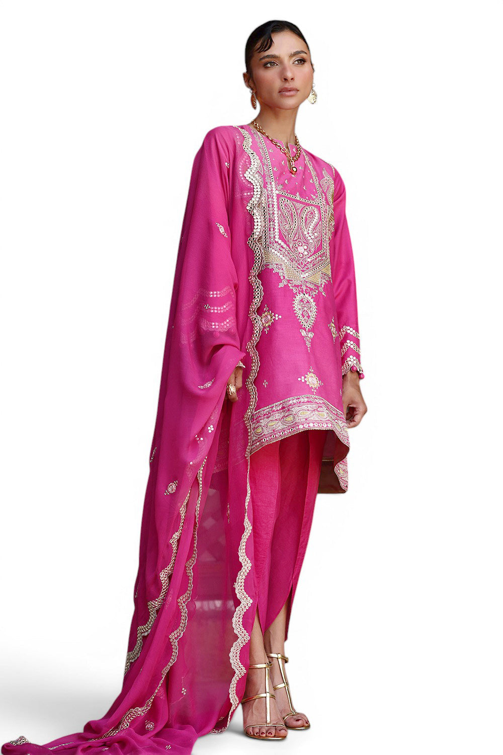 3 Piece Embroidered Lawn Suit with Borders and Embroidered Chiffon Dupatta