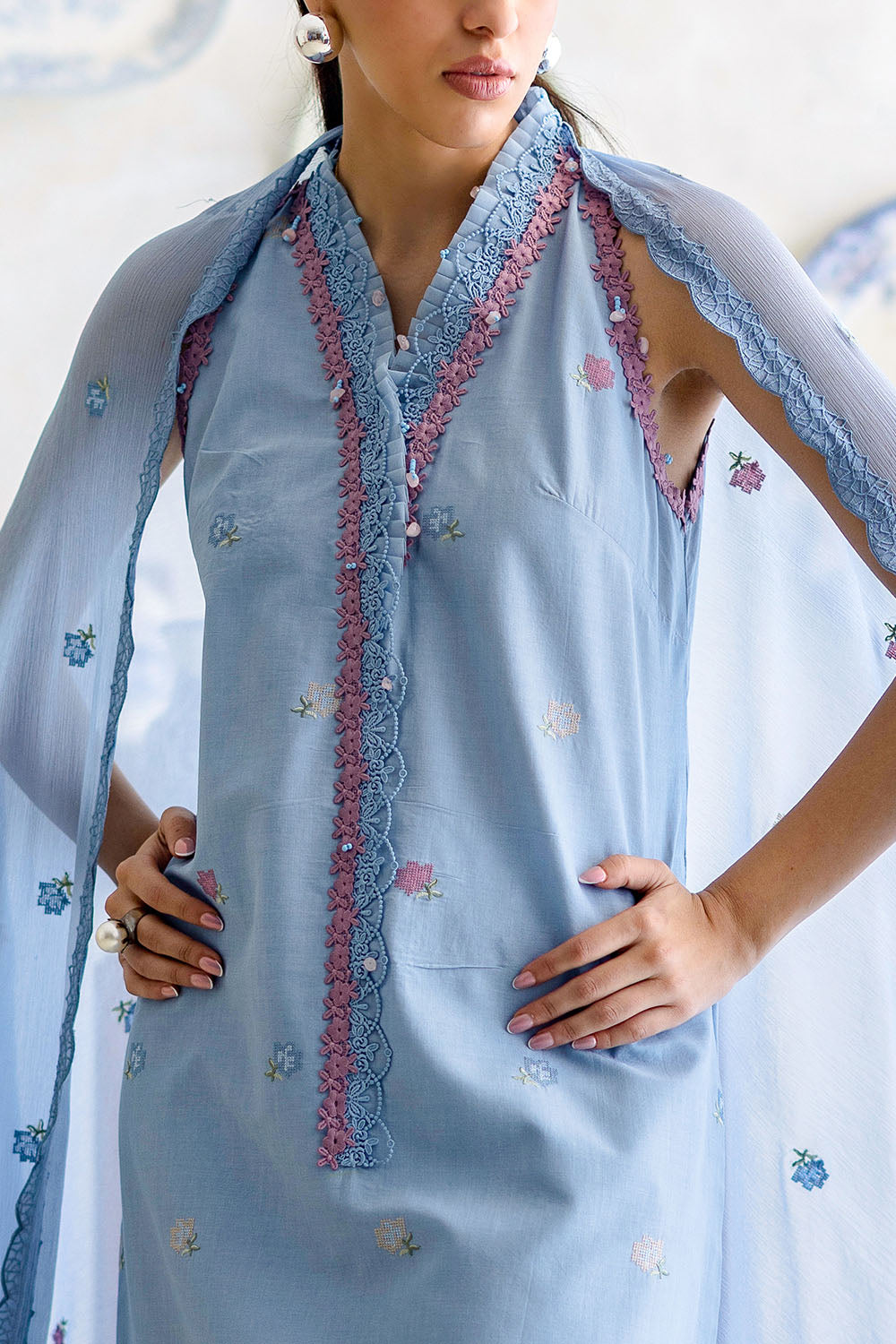 3 Piece Embroidered Lawn Suit With Chiffon Dupatta