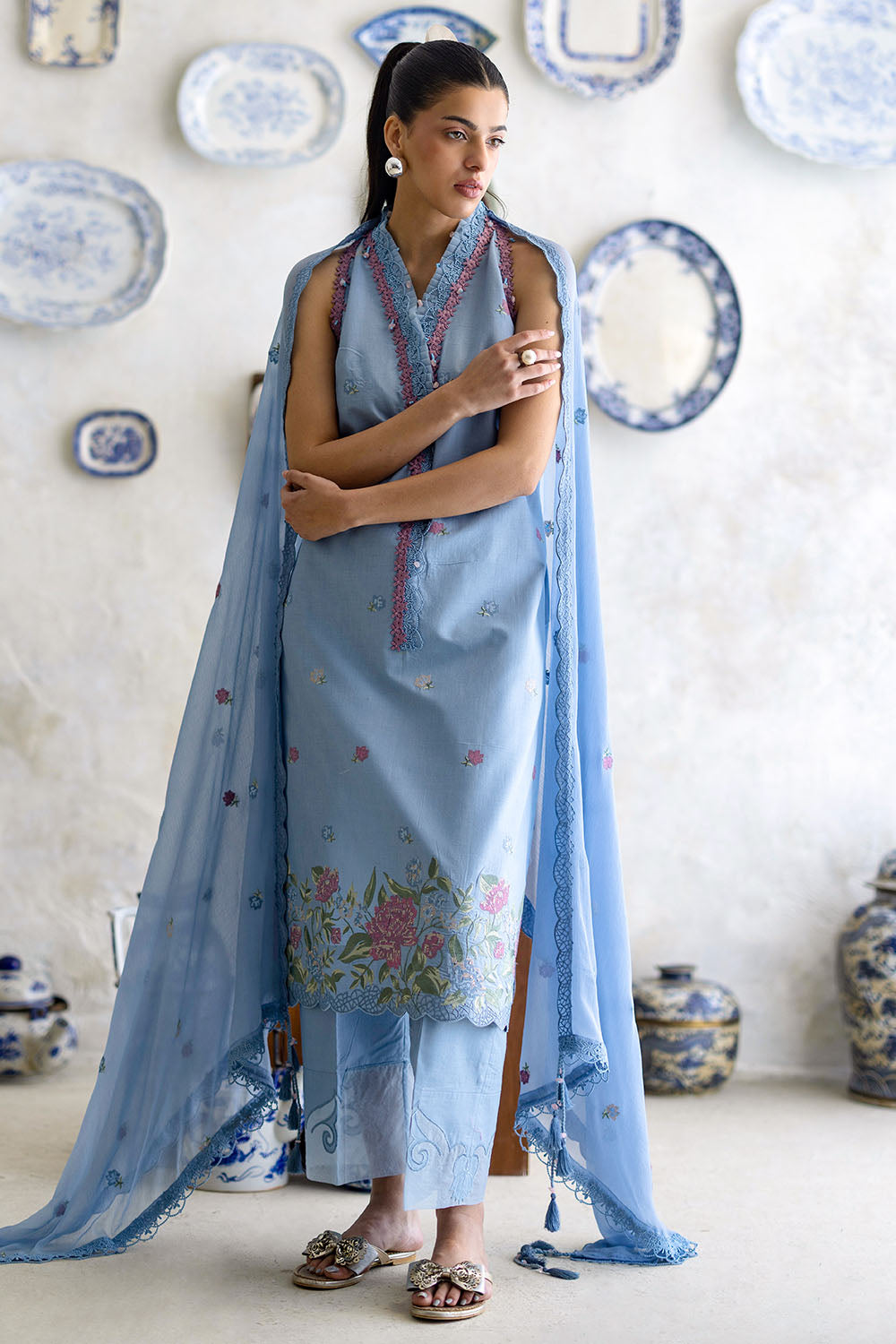 3 Piece Embroidered Lawn Suit With Chiffon Dupatta